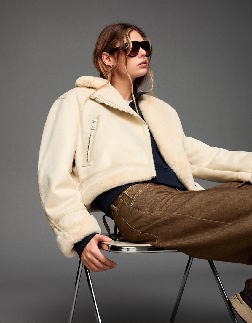 Women's Stylish Genuine Leather Jacket With Fur Collar [Beige]