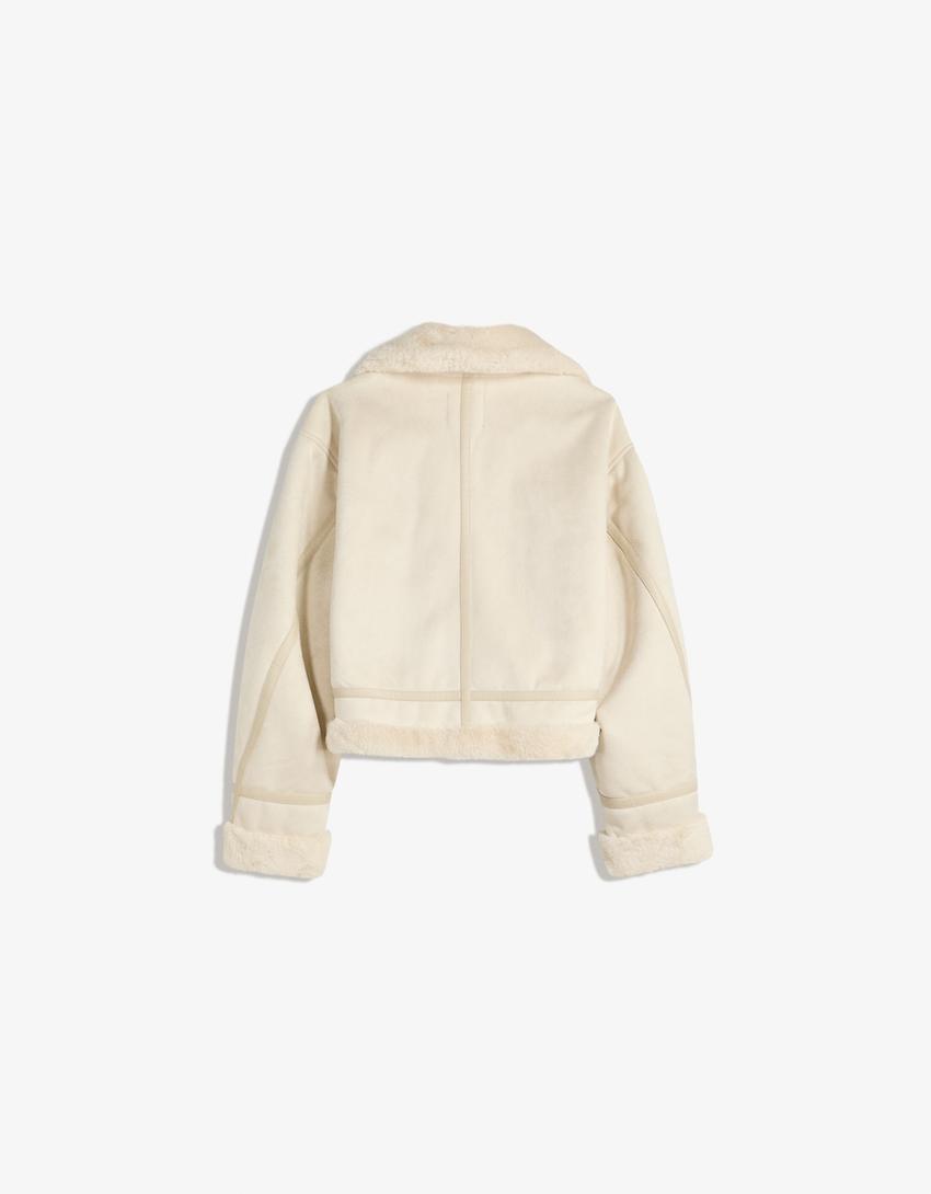 Women's Stylish Genuine Leather Jacket With Fur Collar [Beige]