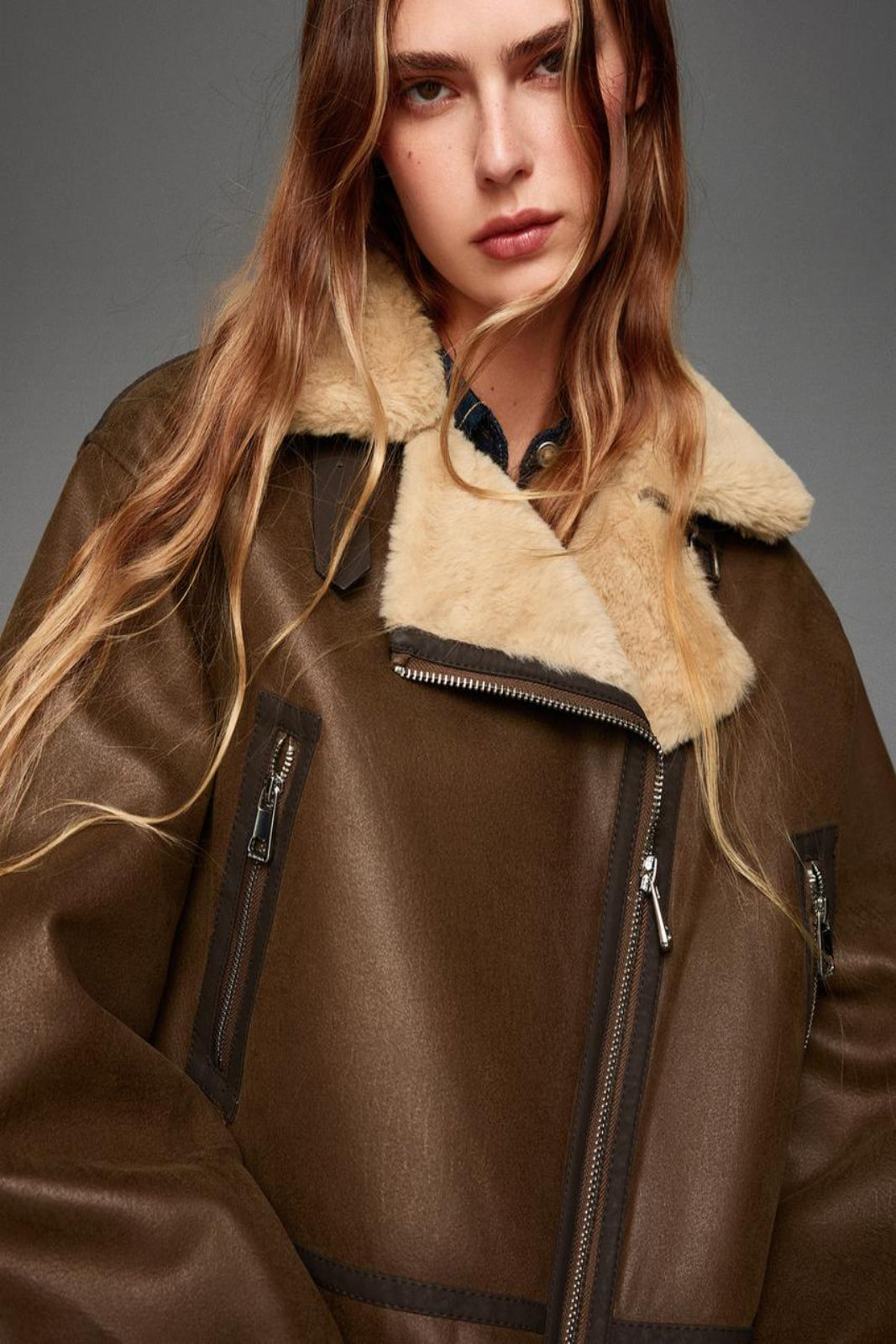 Women's Stylish Genuine Leather Jacket With Fur Collar [Brown]