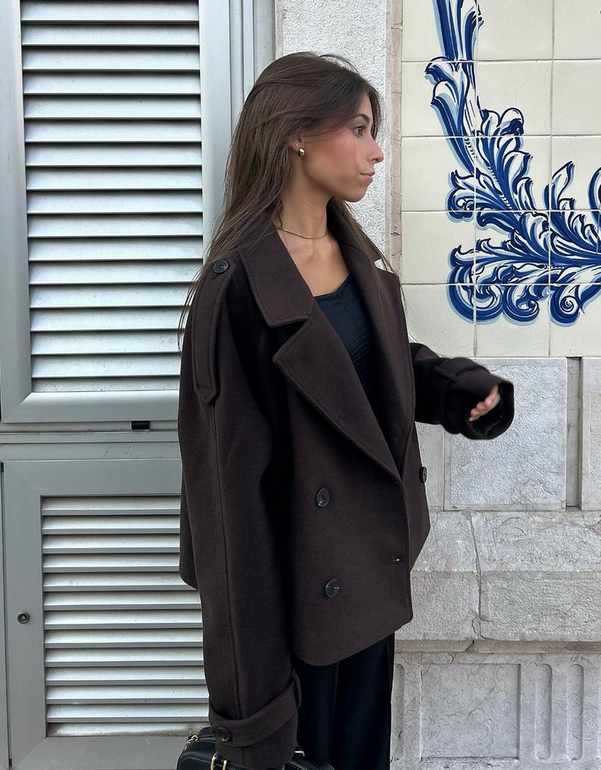 Women's Unique Genuine Leather Short Coat With Buttons [Dark Brown]