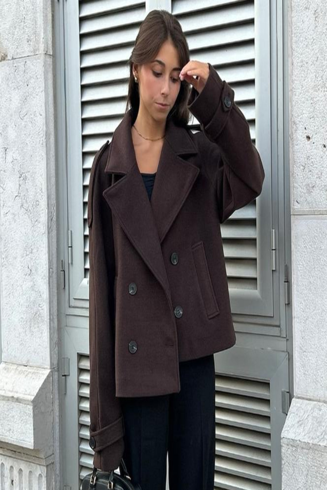 Women's Unique Genuine Leather Short Coat With Buttons [Dark Brown]