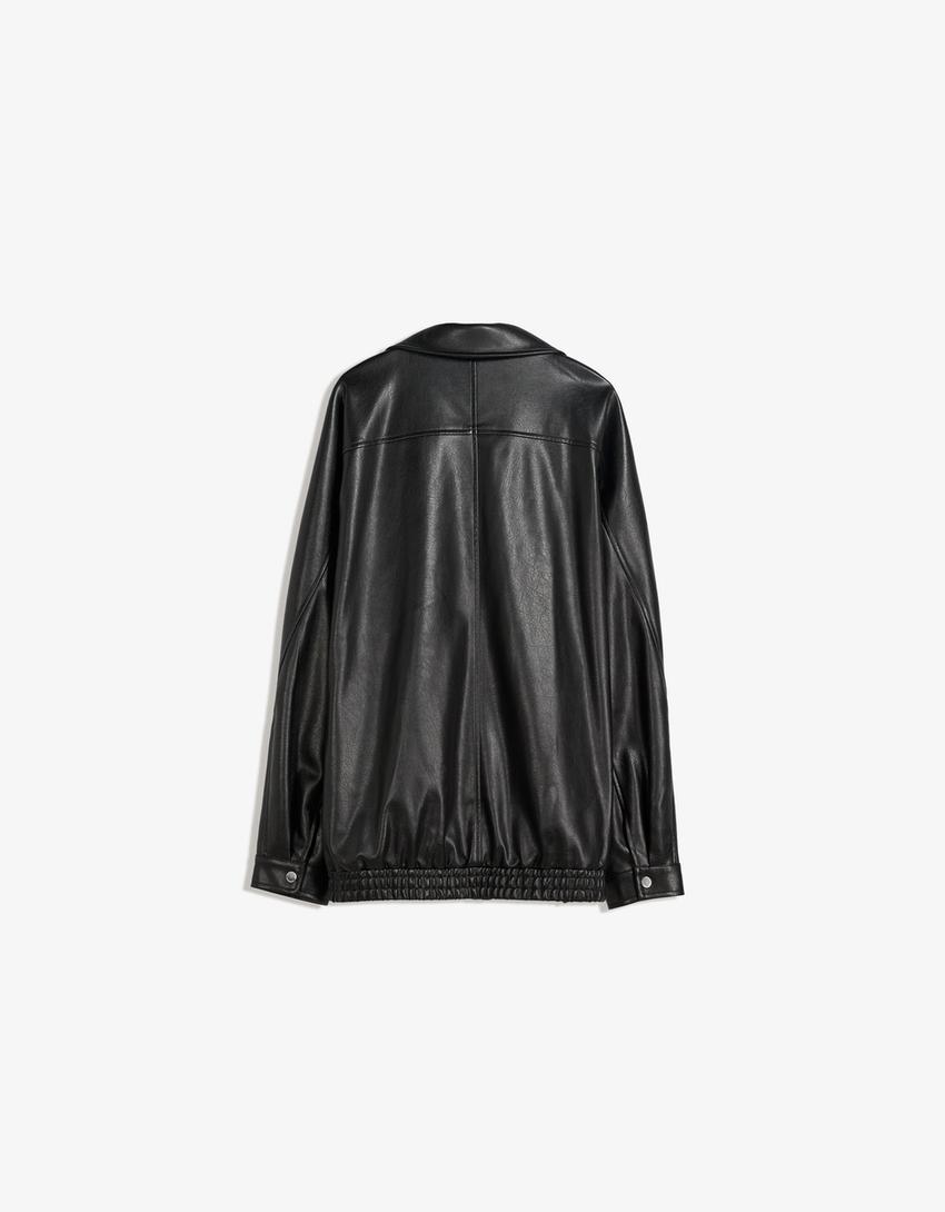 Women's Elegant Genuine Leather Jacket Grip Long Style [Black]