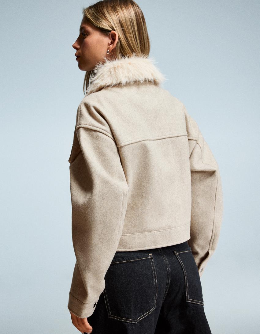 Women's Elegant Genuine Leather Jacket With Fur Collar [Beige]