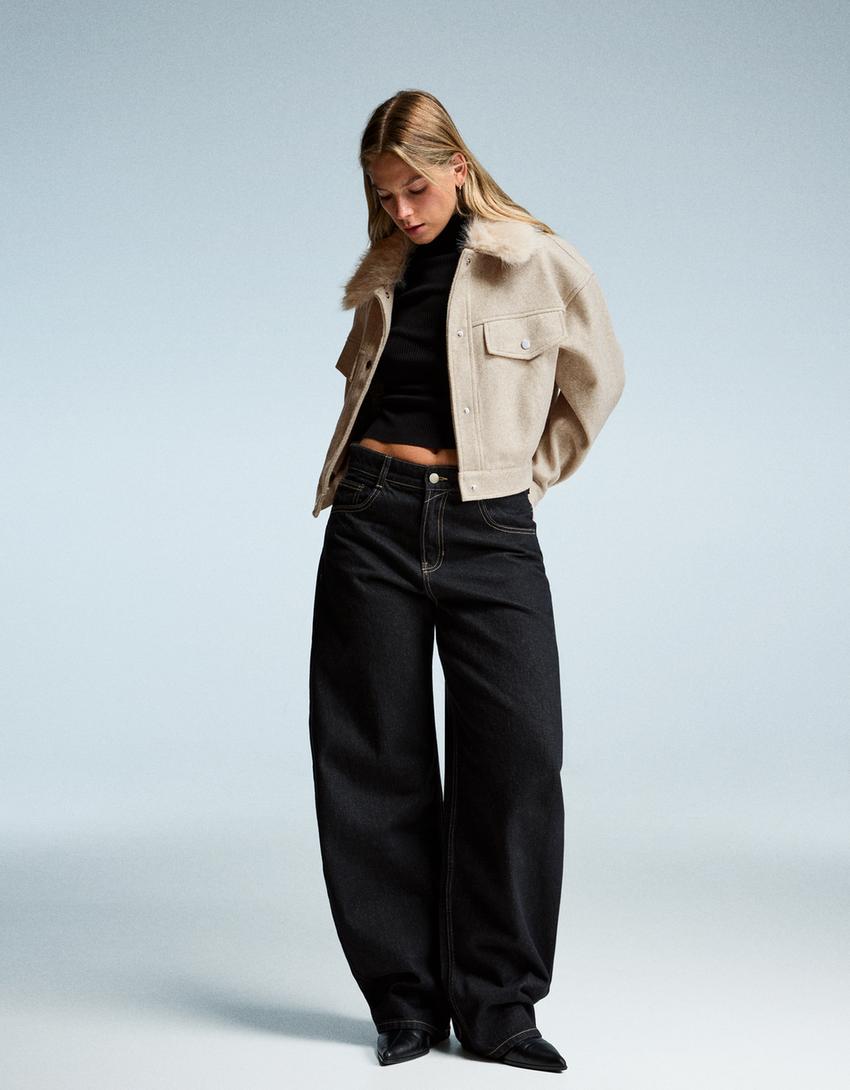 Women's Elegant Genuine Leather Jacket With Fur Collar [Beige]