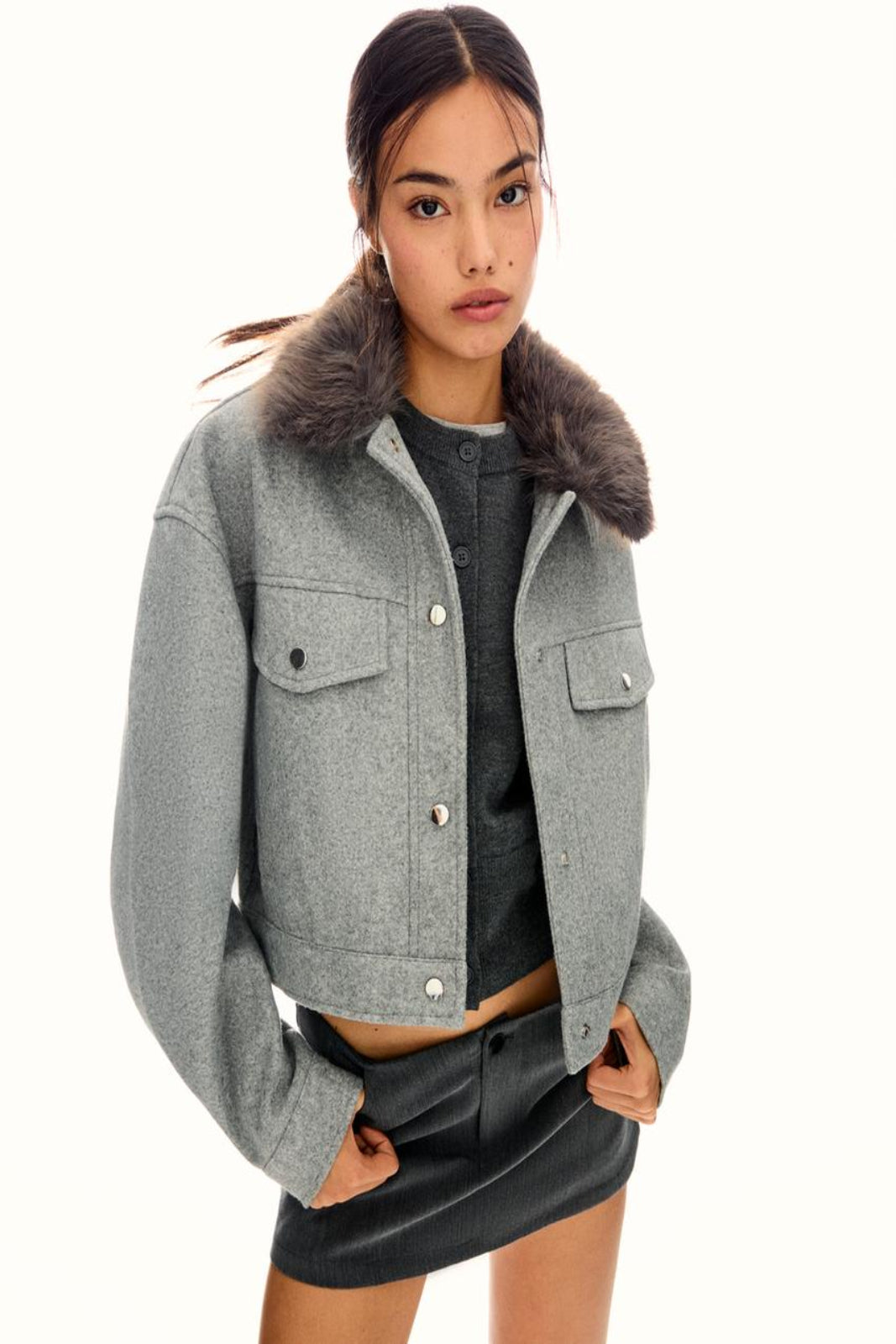 Women's Elegant Genuine Leather Jacket With Fur Collar [Grey]
