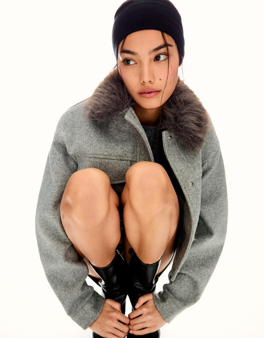 Women's Elegant Genuine Leather Jacket With Fur Collar [Grey]