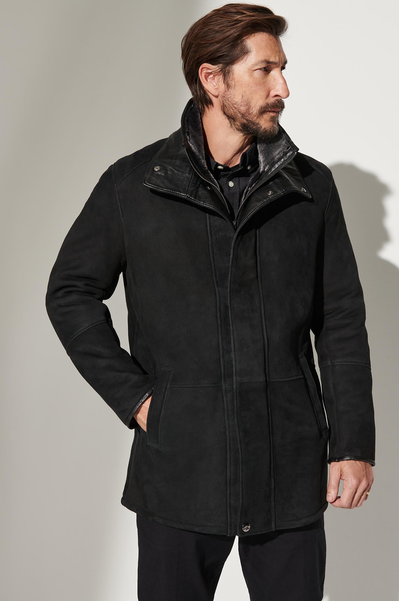 Men's Winter Double Collar Fur Leather Coats [Black]