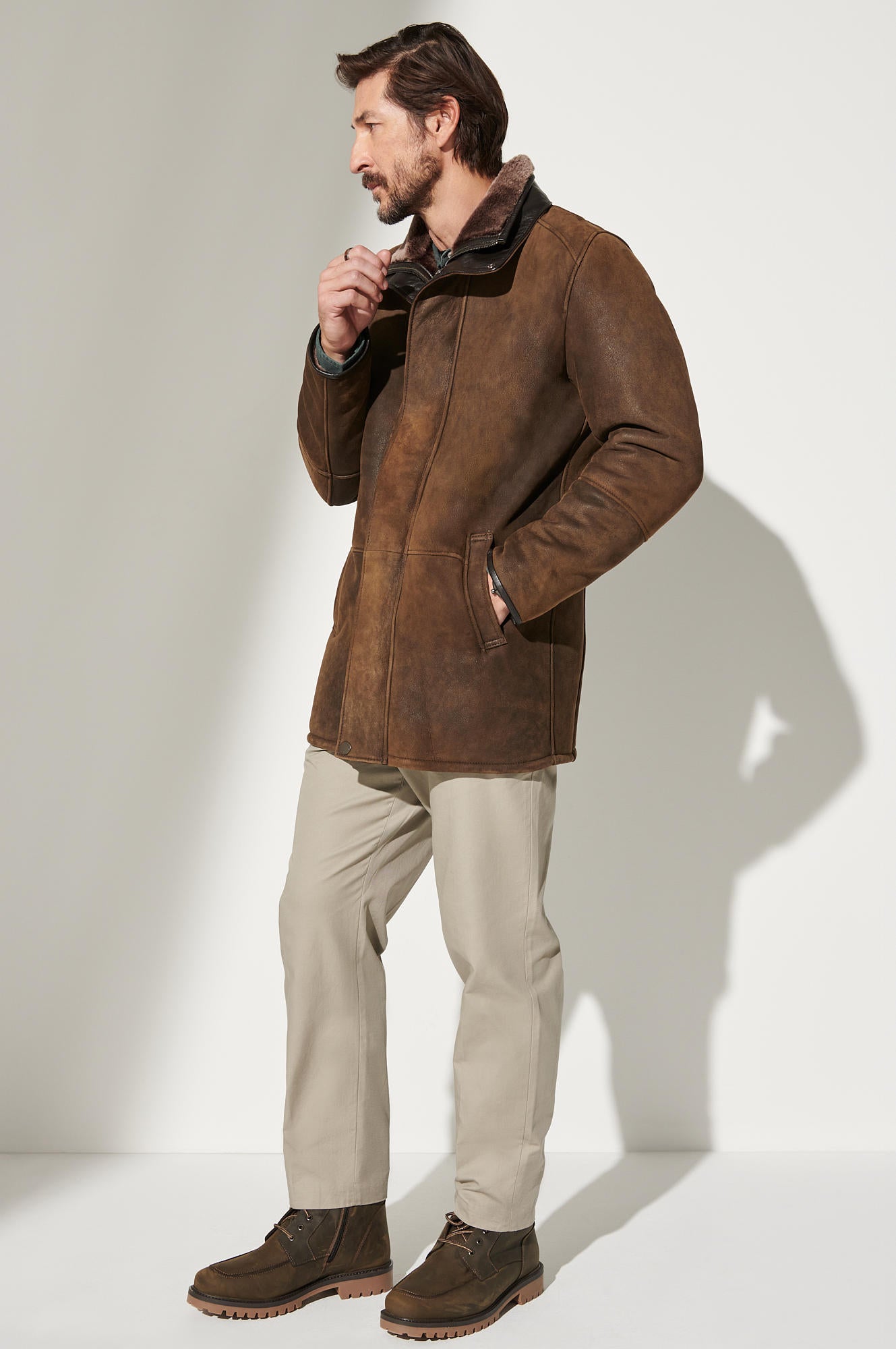 Men's Winter Double Collar Fur Leather Coats [Dark Brown]