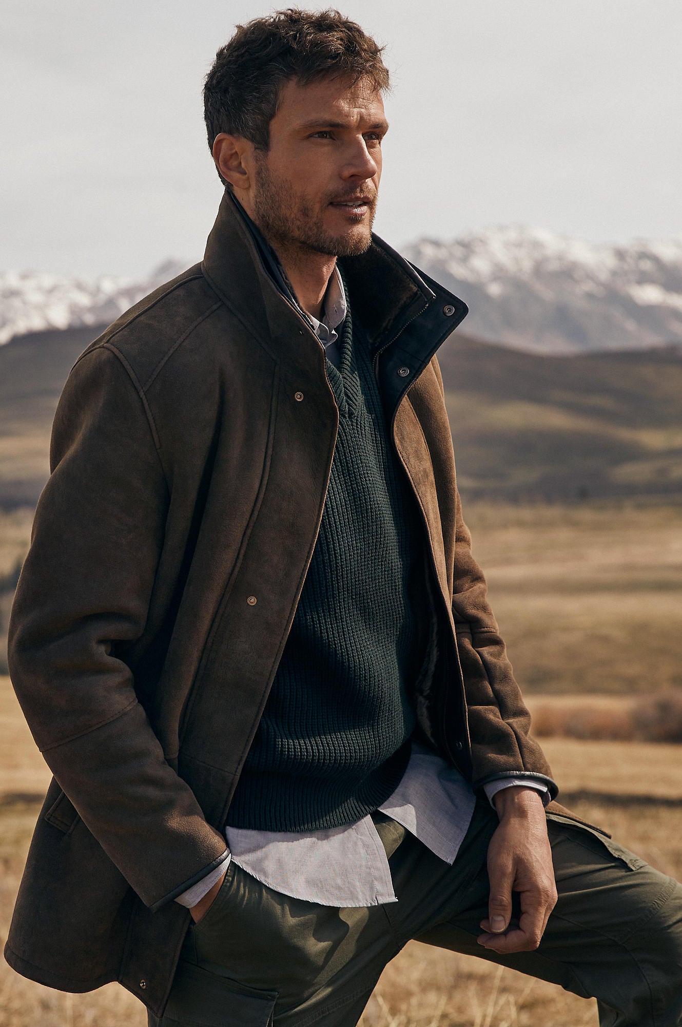 Men's Winter Double Collar Fur Leather Coats [Dark Brown]