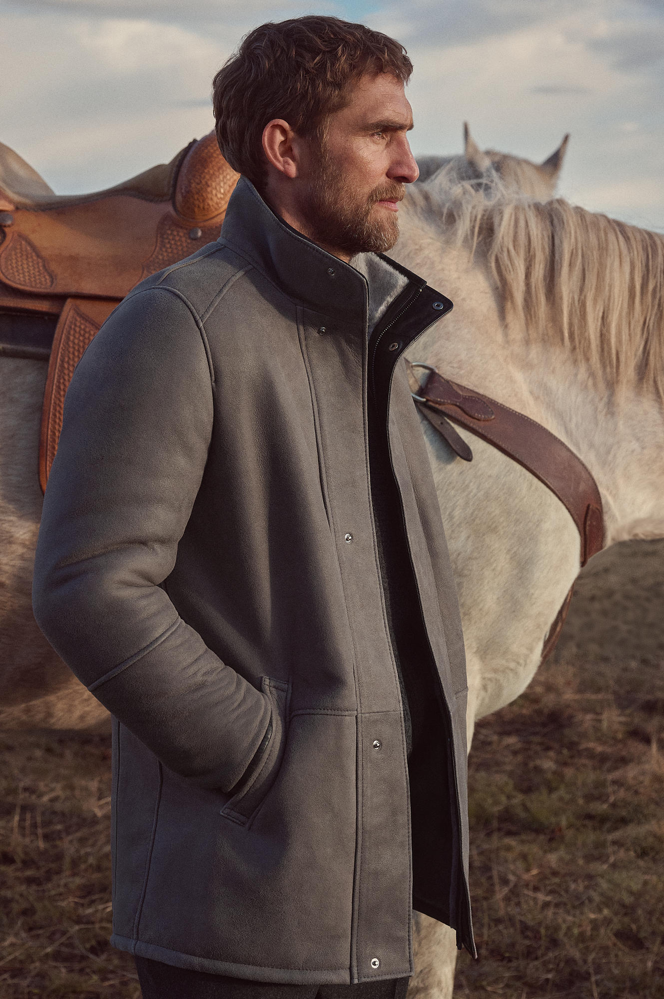 Men's Winter Double Collar Fur Leather Coats [Grey]