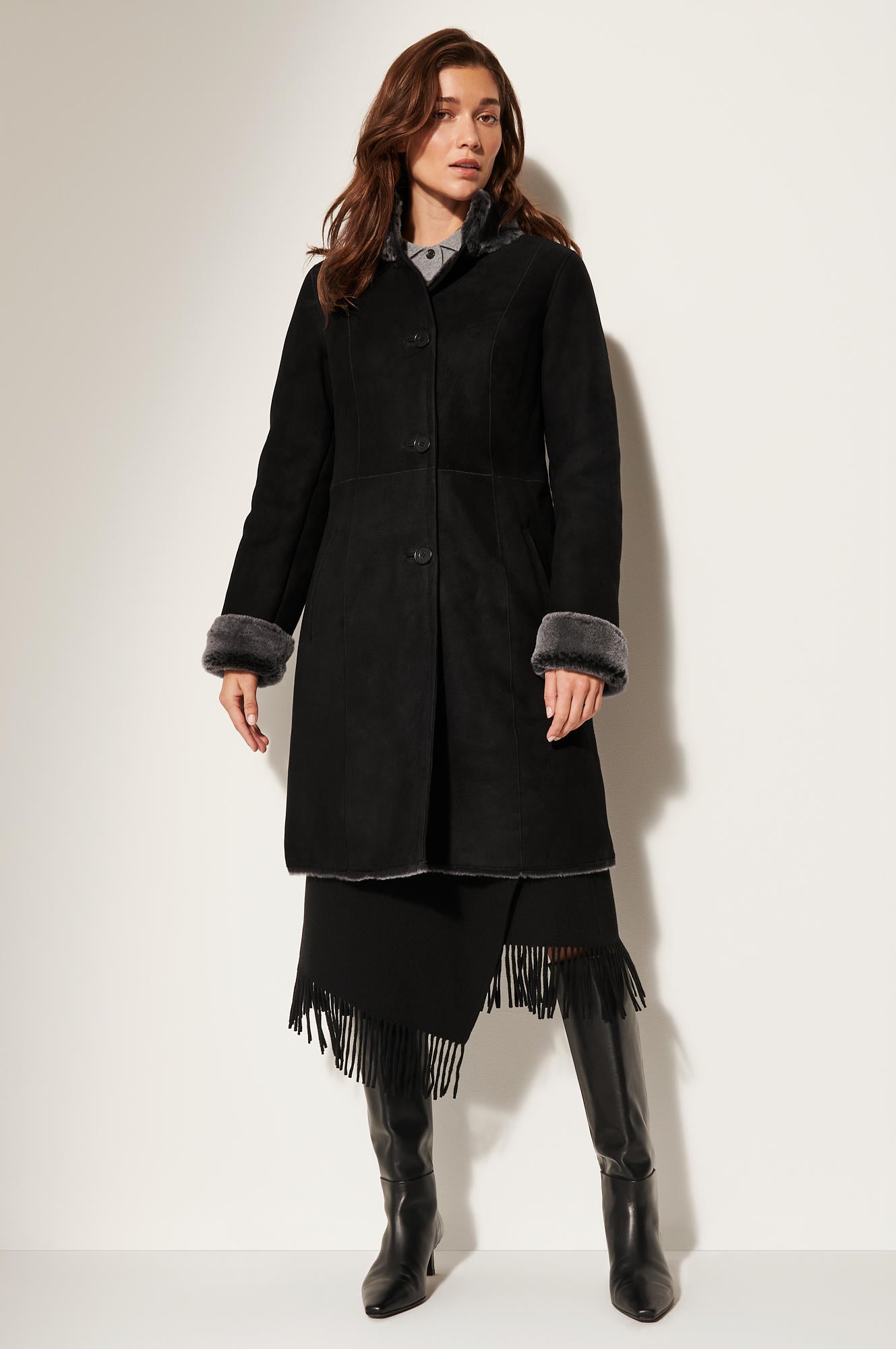 Women's Suede Leather Fur Collar Long Coat [Black]