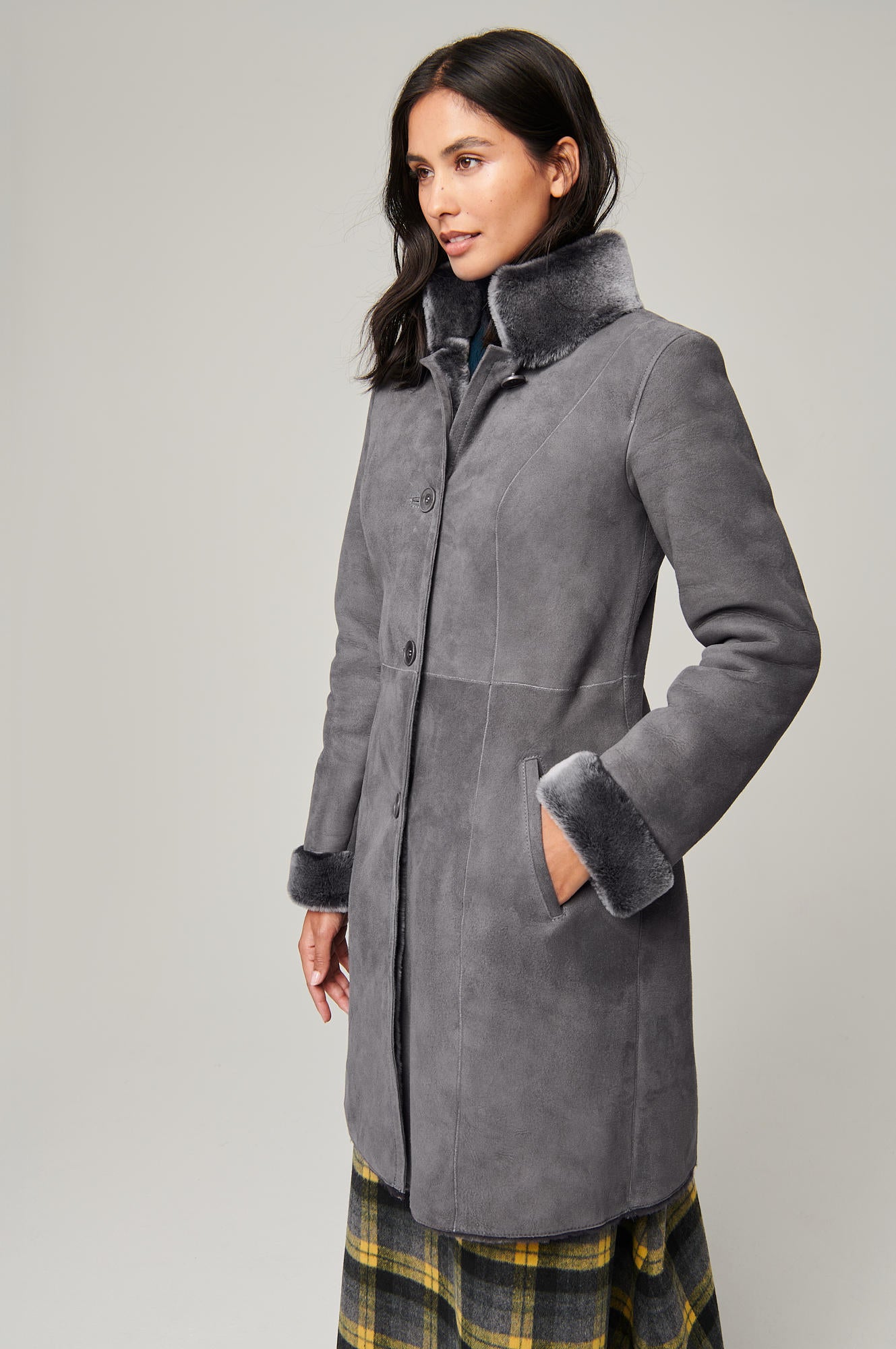 Women's Suede Leather Fur Collar Long Coat [Grey]