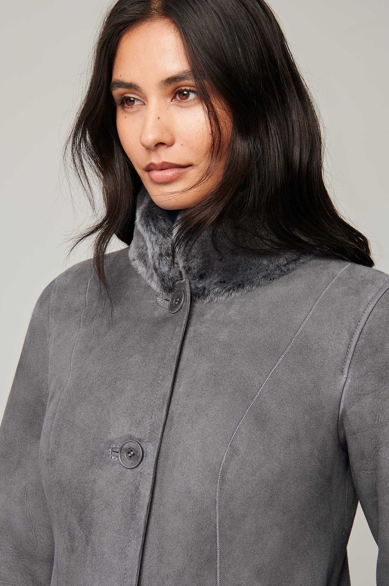 Women's Suede Leather Fur Collar Long Coat [Grey]