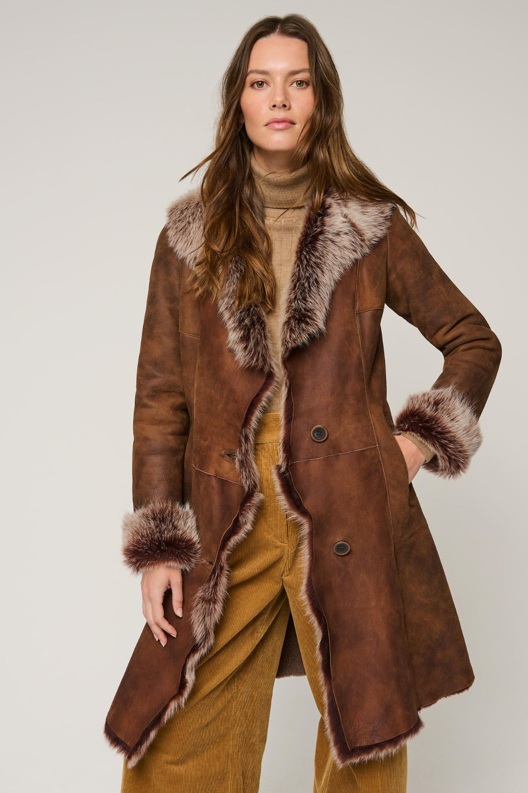 Women's Leather Shearling Long Coat With Shaggy Fur [Brown]