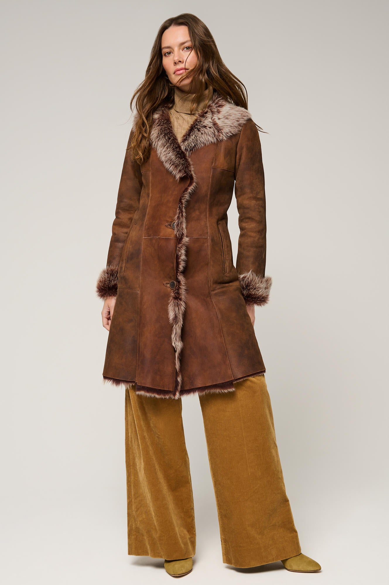 Women's Leather Shearling Long Coat With Shaggy Fur [Brown]