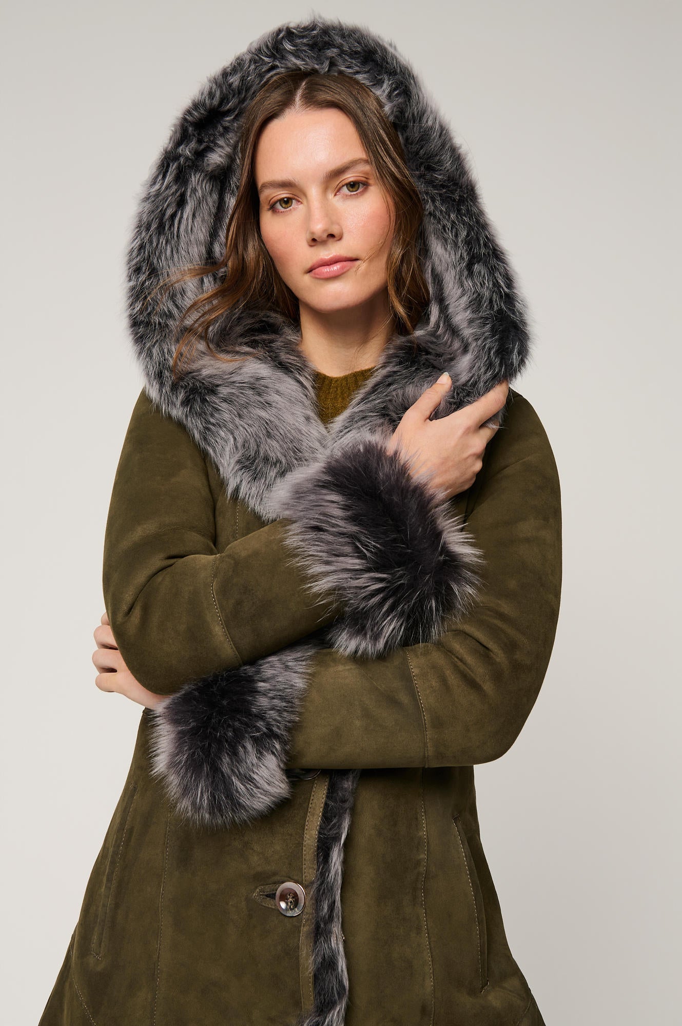 Women's Leather Shearling Long Coat With Shaggy Fur [Olive]
