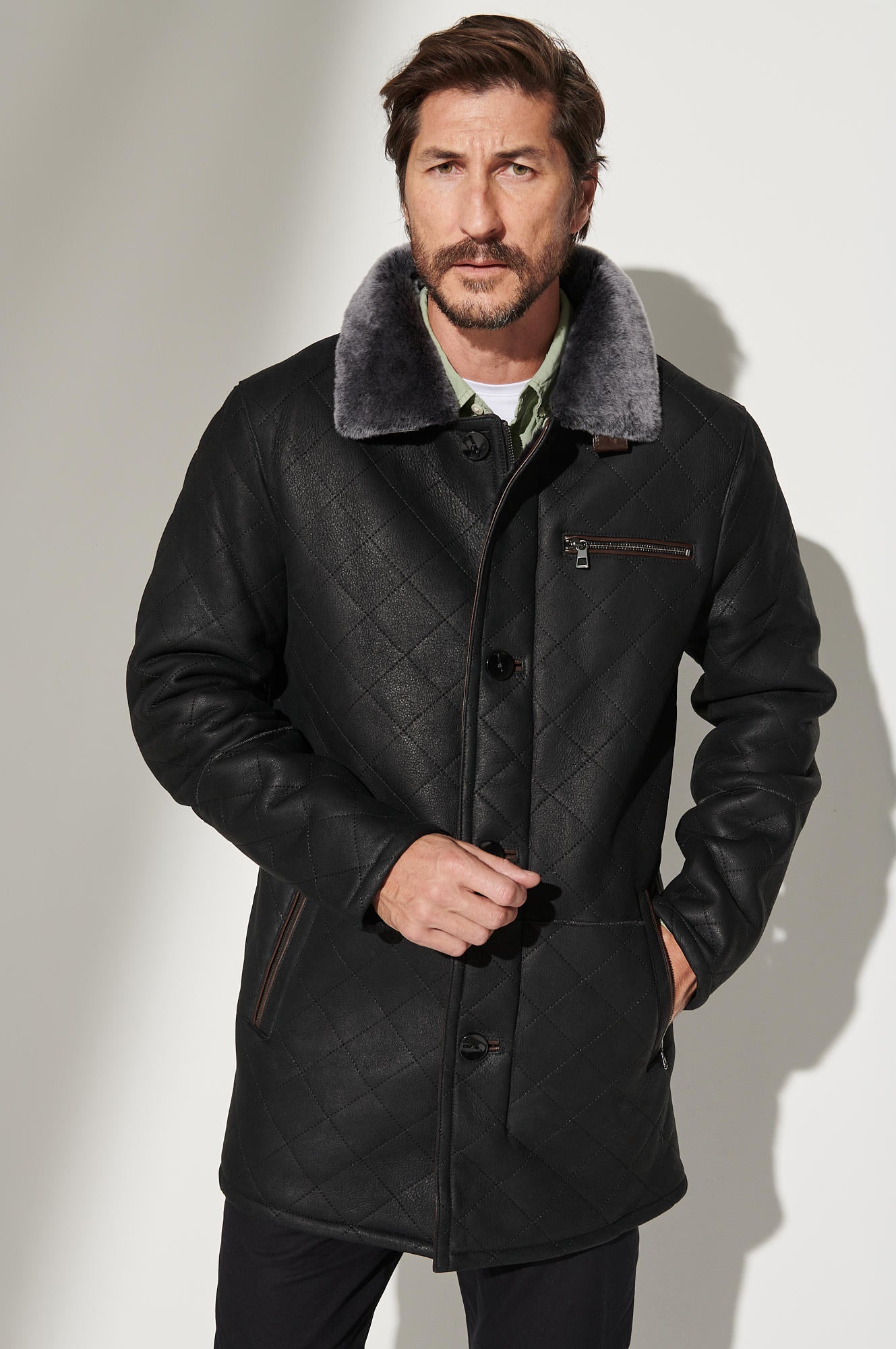 Men's Winter Sheepskin Fur Collar Leather Coats [Black]