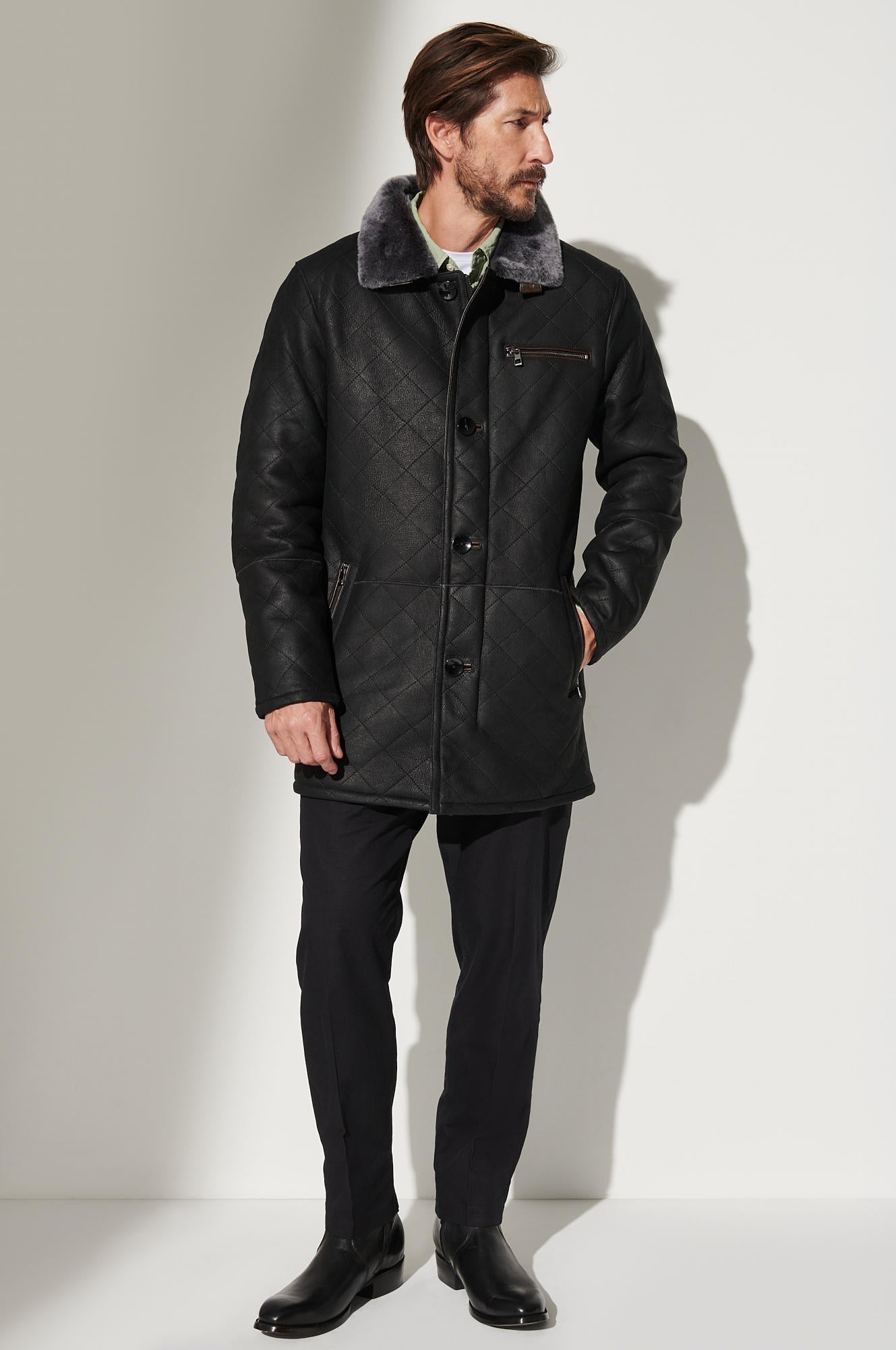 Men's Winter Sheepskin Fur Collar Leather Coats [Black]