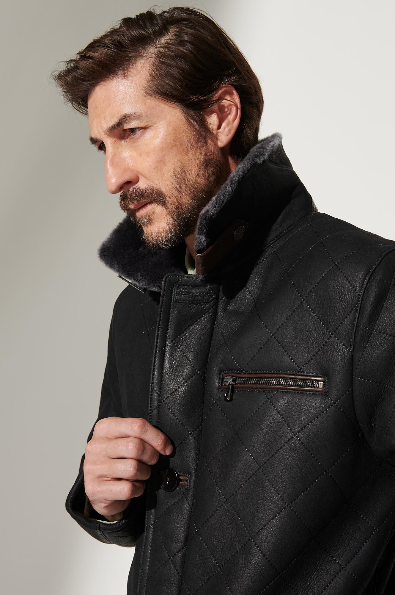 Men's Winter Sheepskin Fur Collar Leather Coats [Black]
