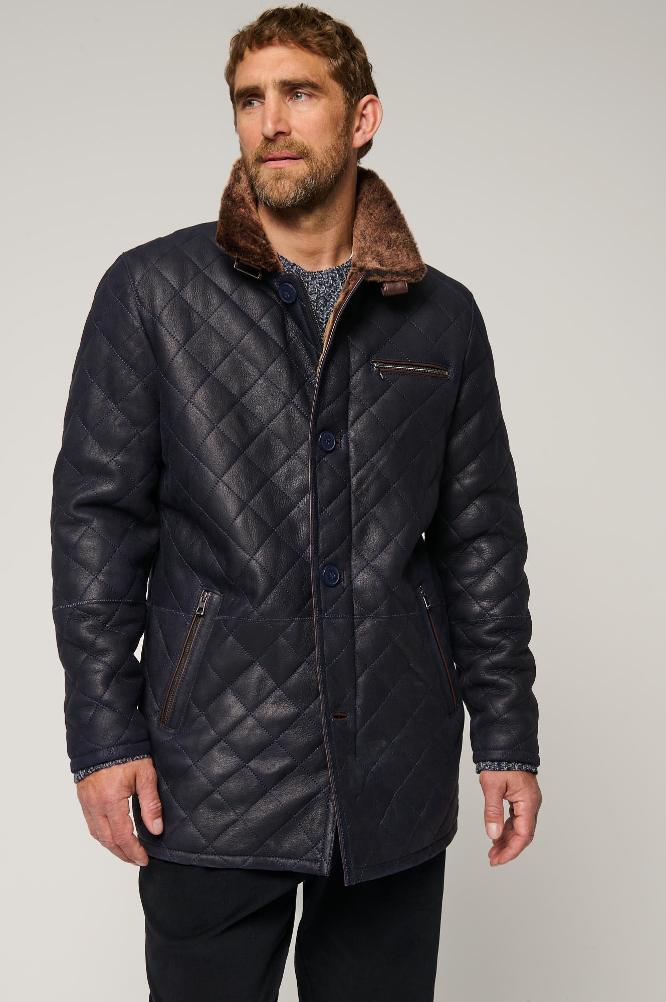 Men's Winter Sheepskin Fur Collar Leather Coats [Navy]