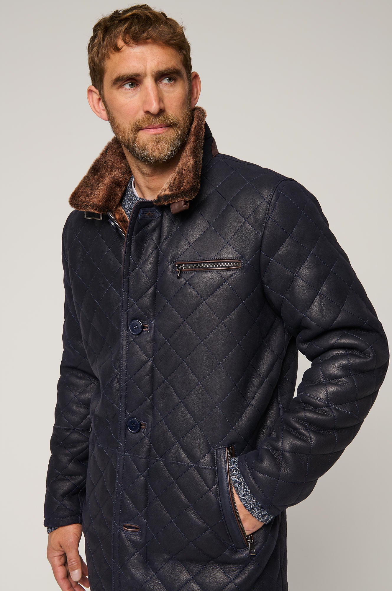 Men's Winter Sheepskin Fur Collar Leather Coats [Navy]