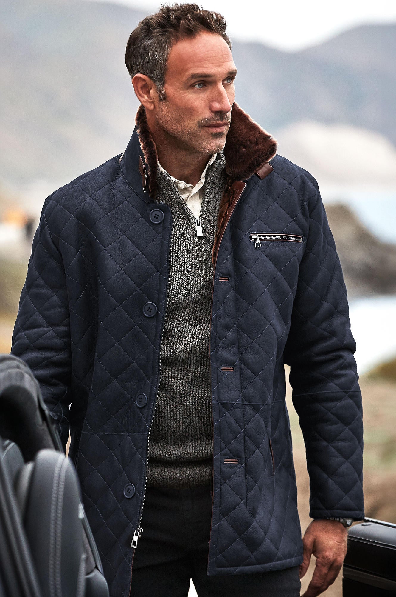 Men's Winter Sheepskin Fur Collar Leather Coats [Navy]