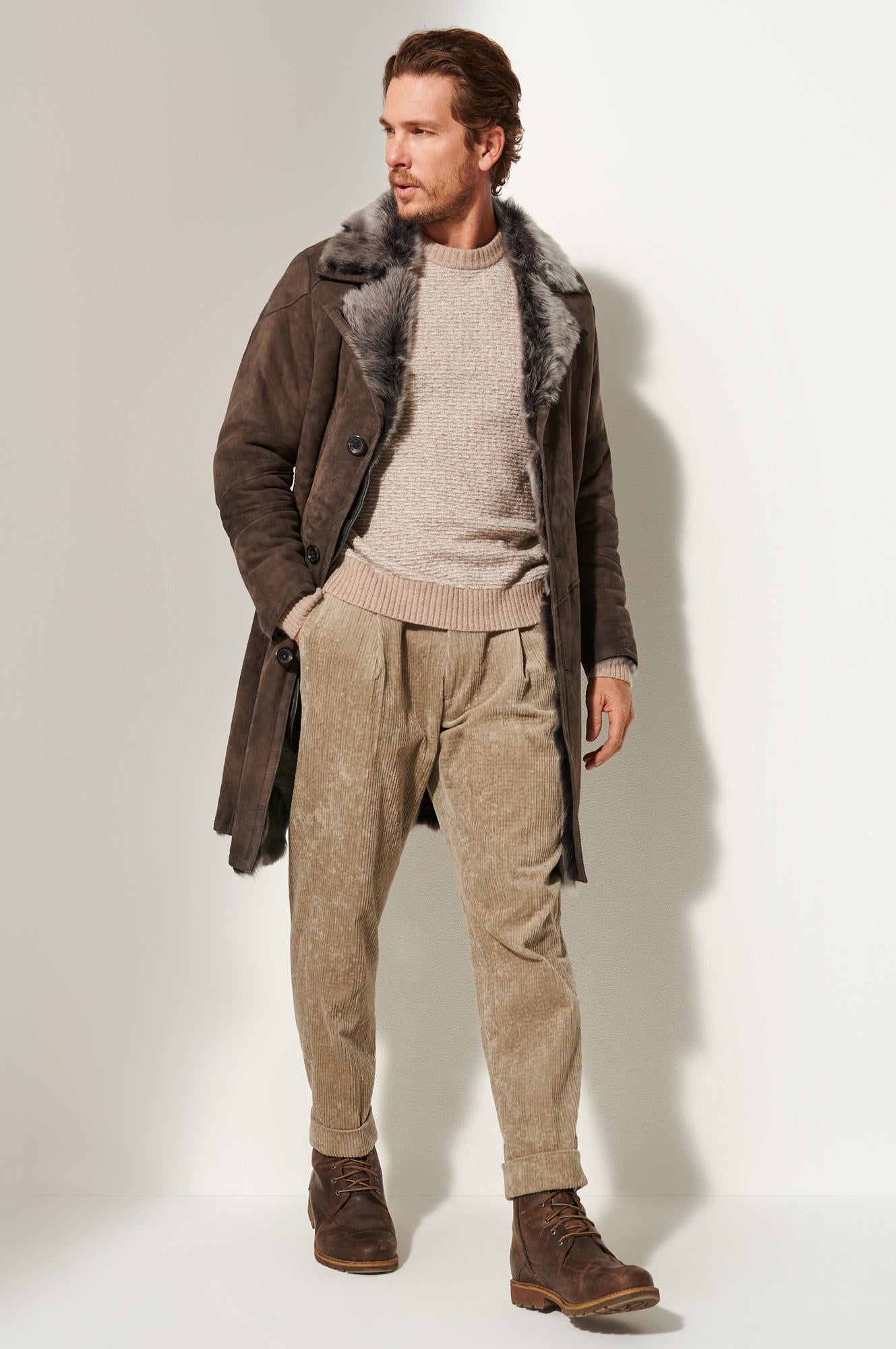 Men's Winter Fur Collar Leather Long Coats [Dark Brown]