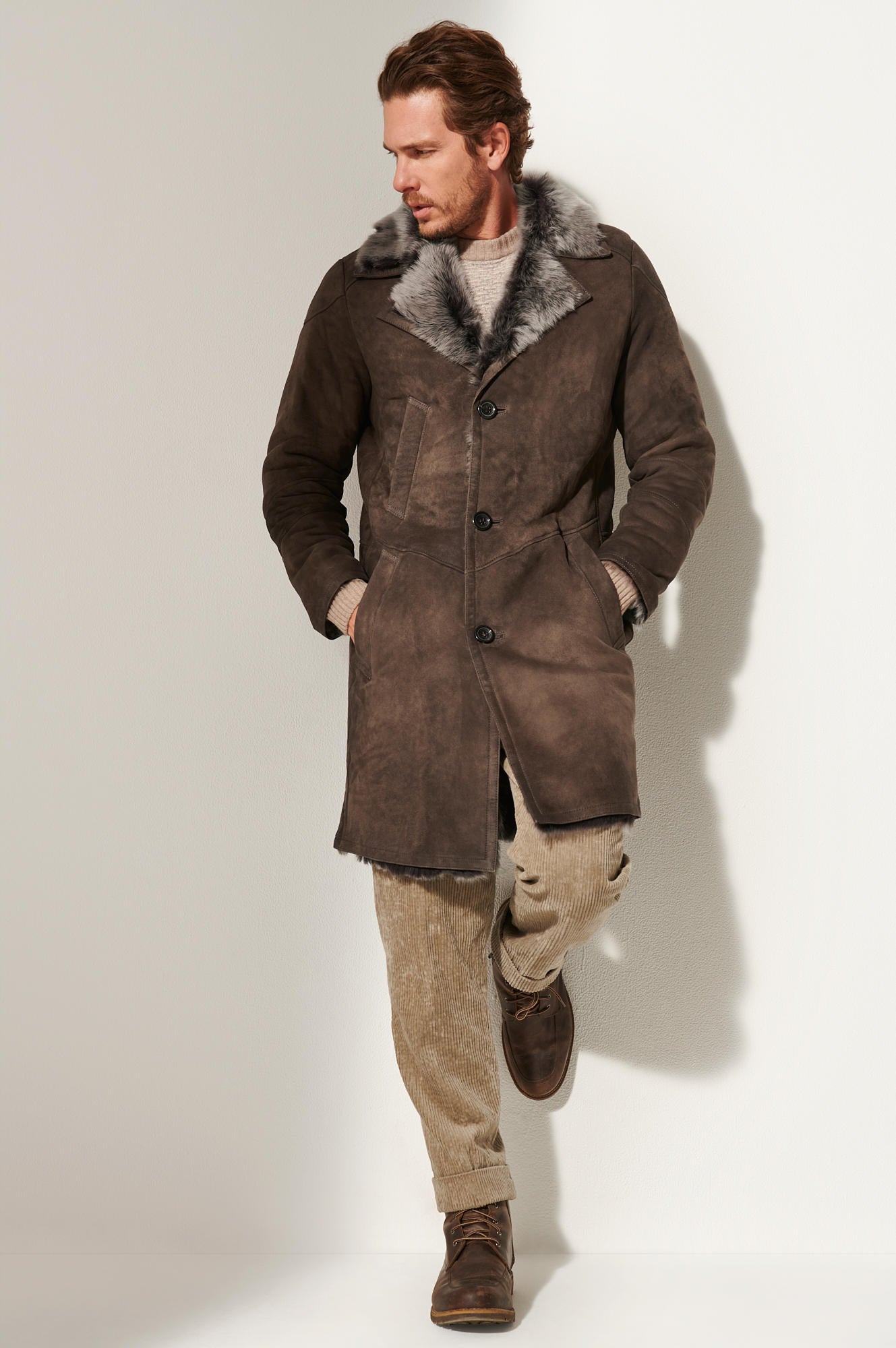 Men's Winter Fur Collar Leather Long Coats [Dark Brown]