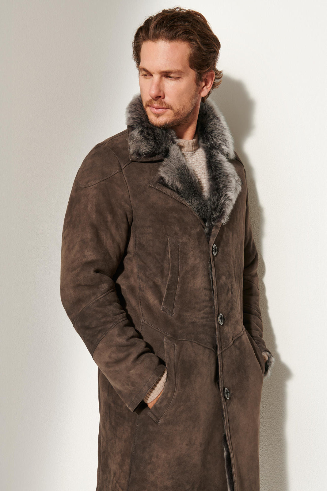 Men's Winter Fur Collar Leather Long Coats [Dark Brown]