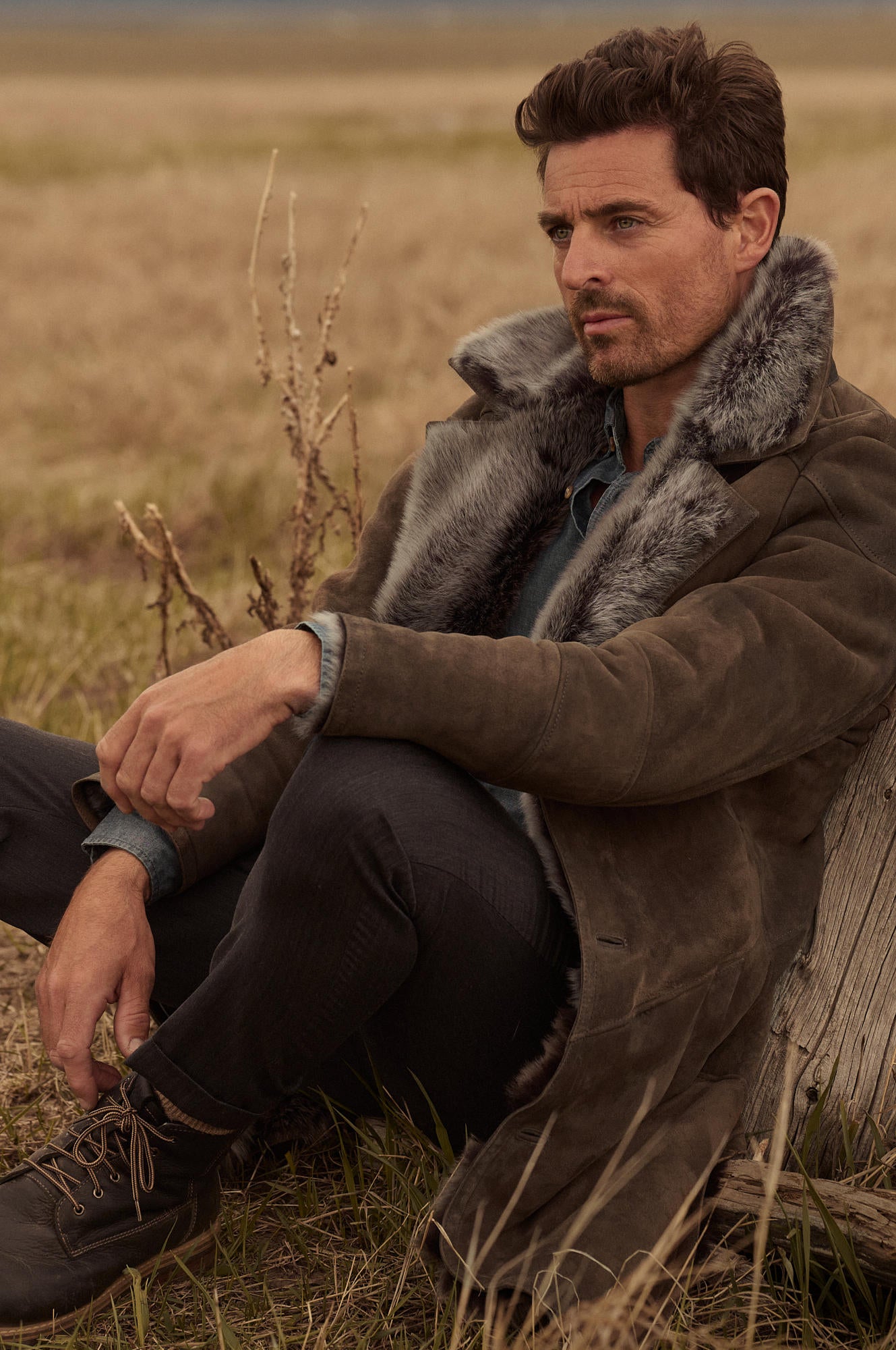 Men's Winter Fur Collar Leather Long Coats [Dark Brown]