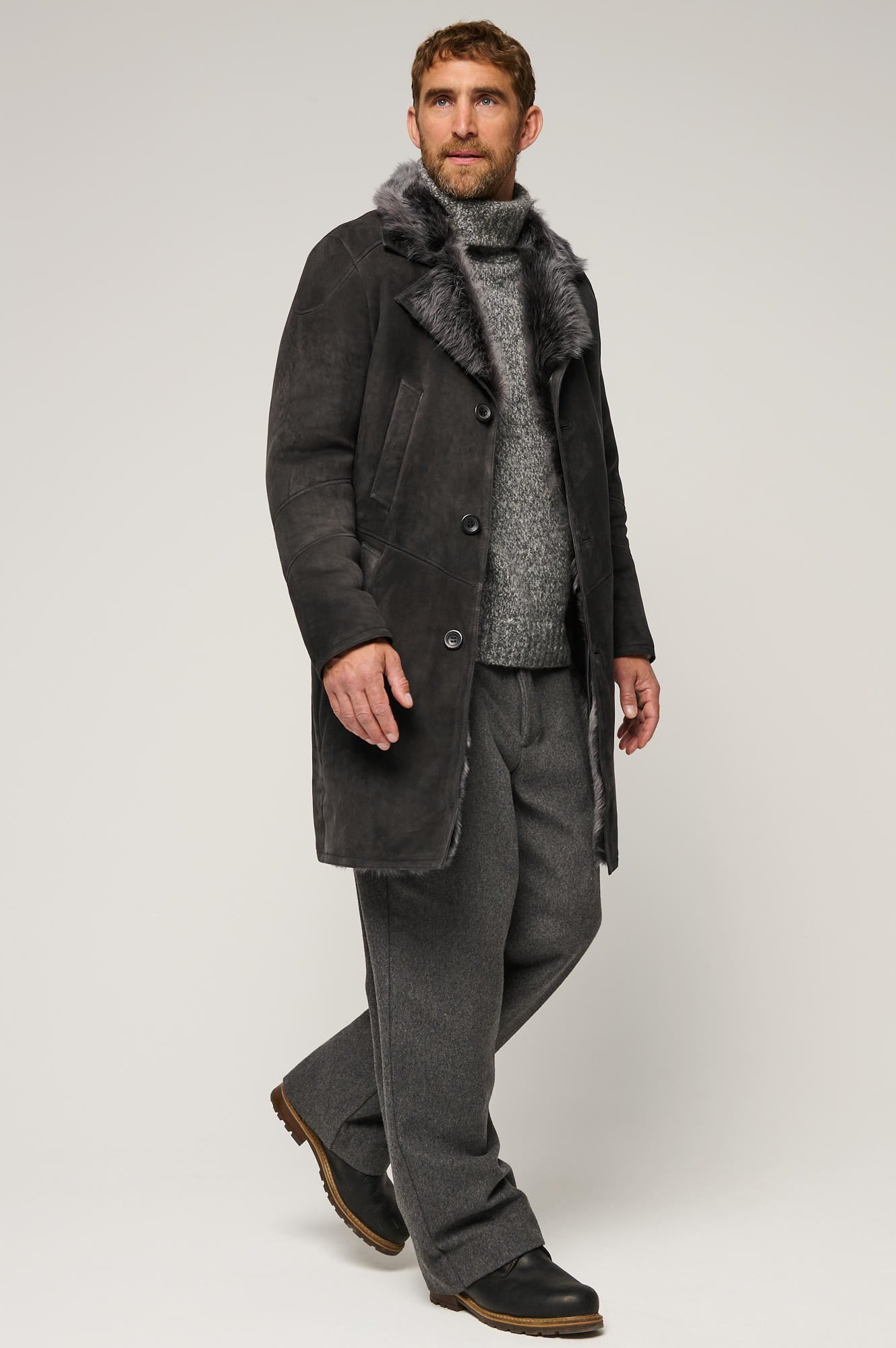 Men's Winter Fur Collar Leather Long Coats [Grey]