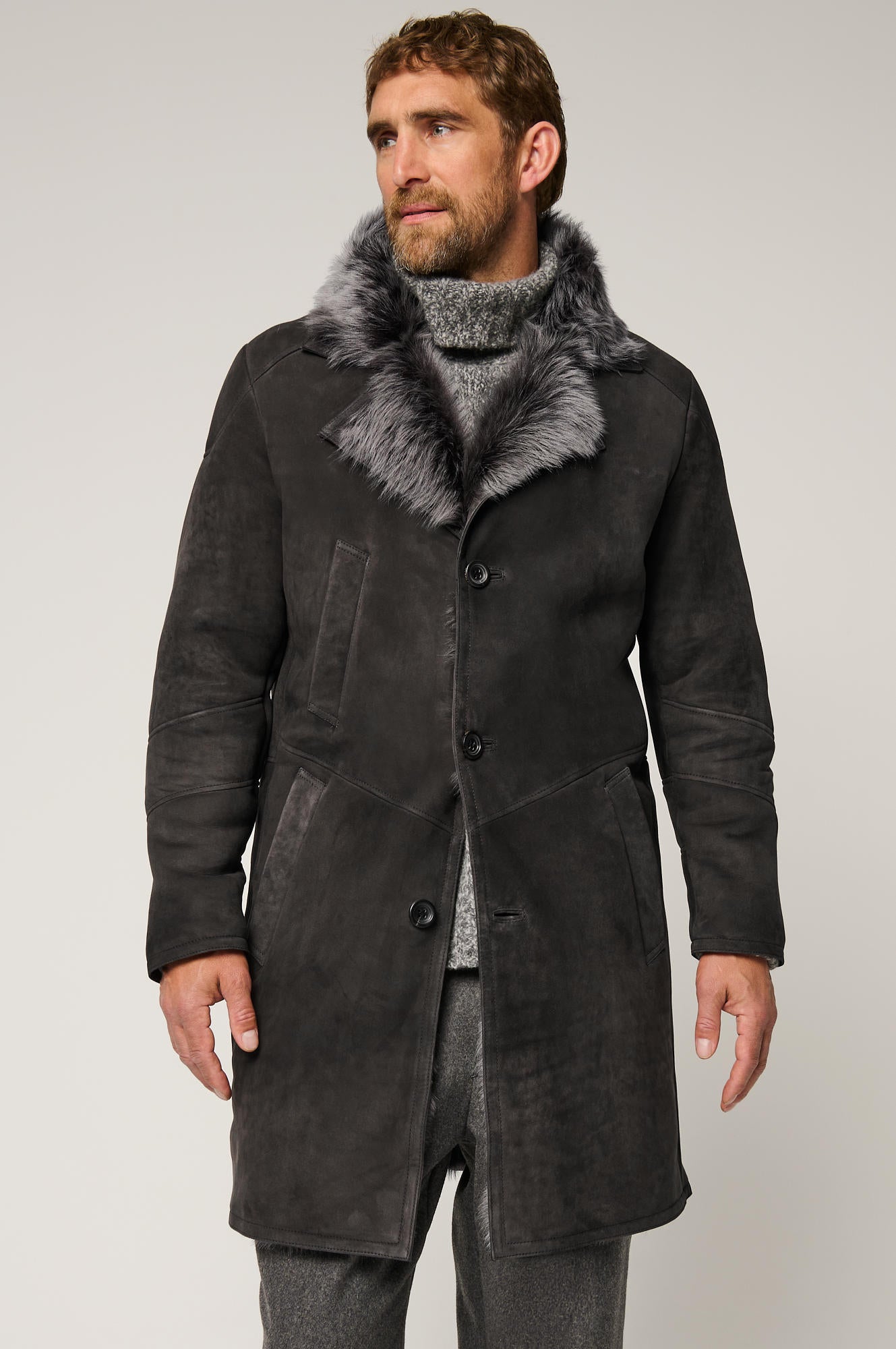 Men's Winter Fur Collar Leather Long Coats [Grey]
