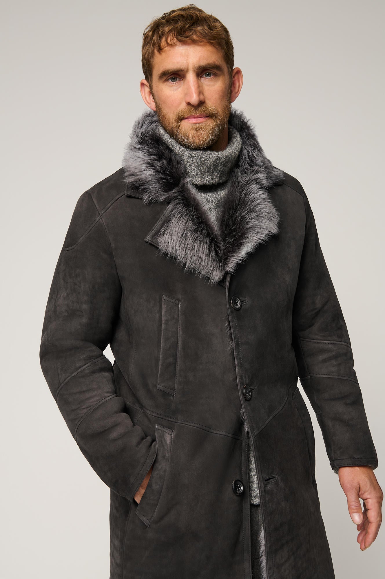 Men's Winter Fur Collar Leather Long Coats [Grey]