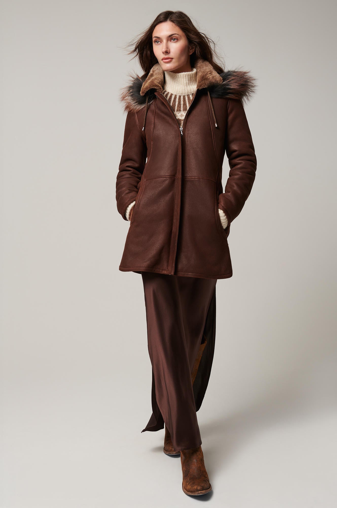 Women's Unique Leather Fur Hood Long Coat [Dark Brown]