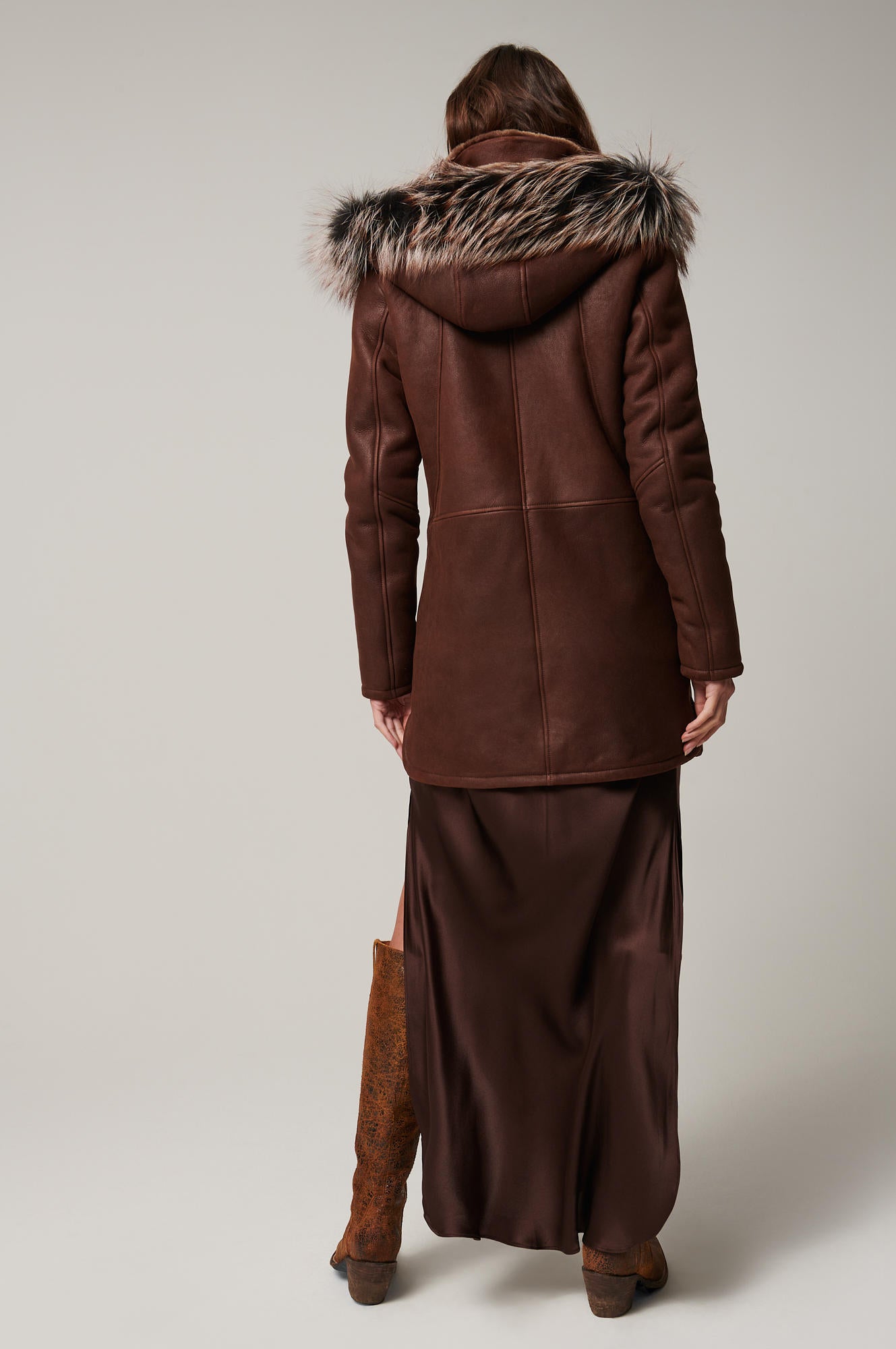 Women's Unique Leather Fur Hood Long Coat [Dark Brown]