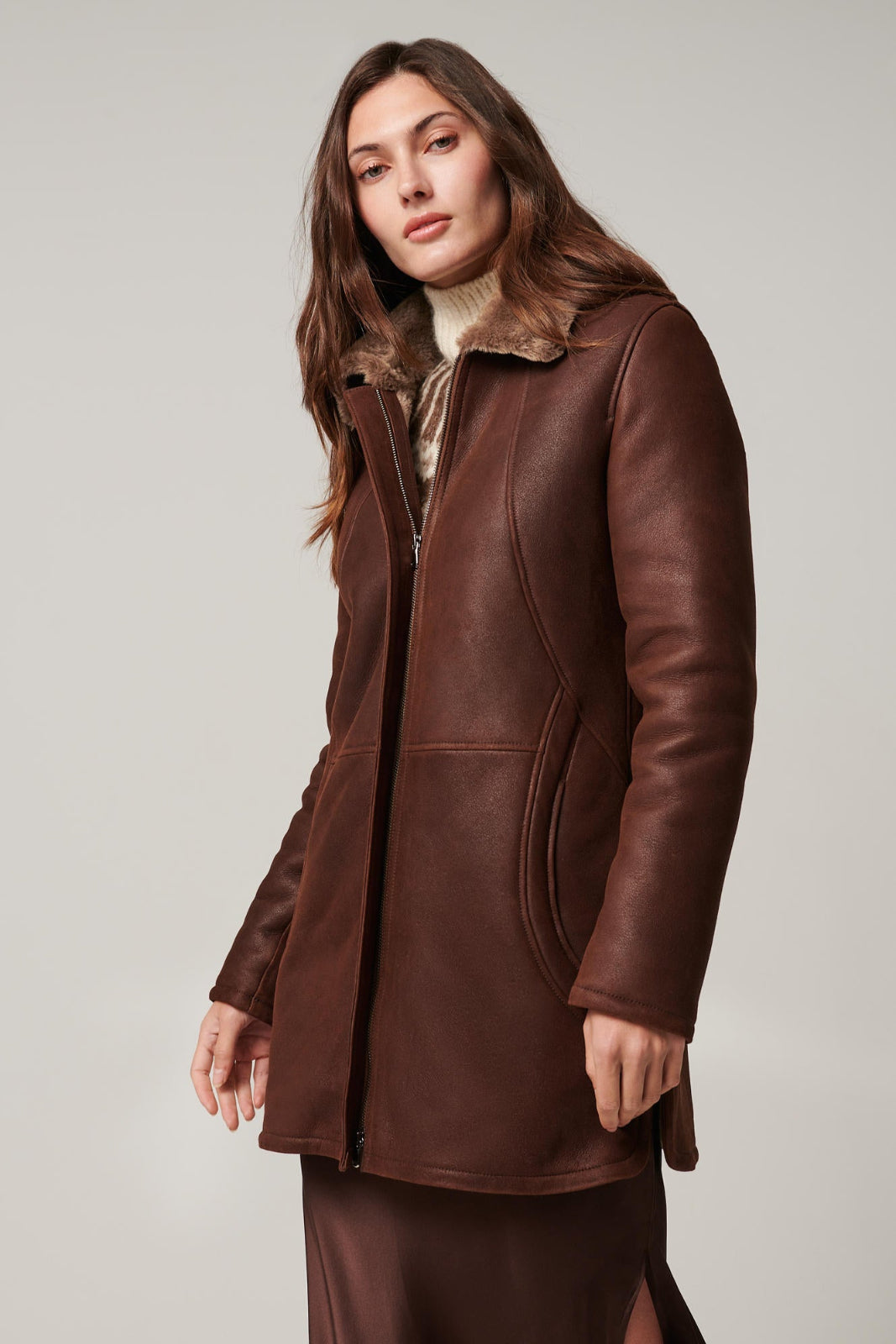 Women's Unique Leather Fur Hood Long Coat [Dark Brown]