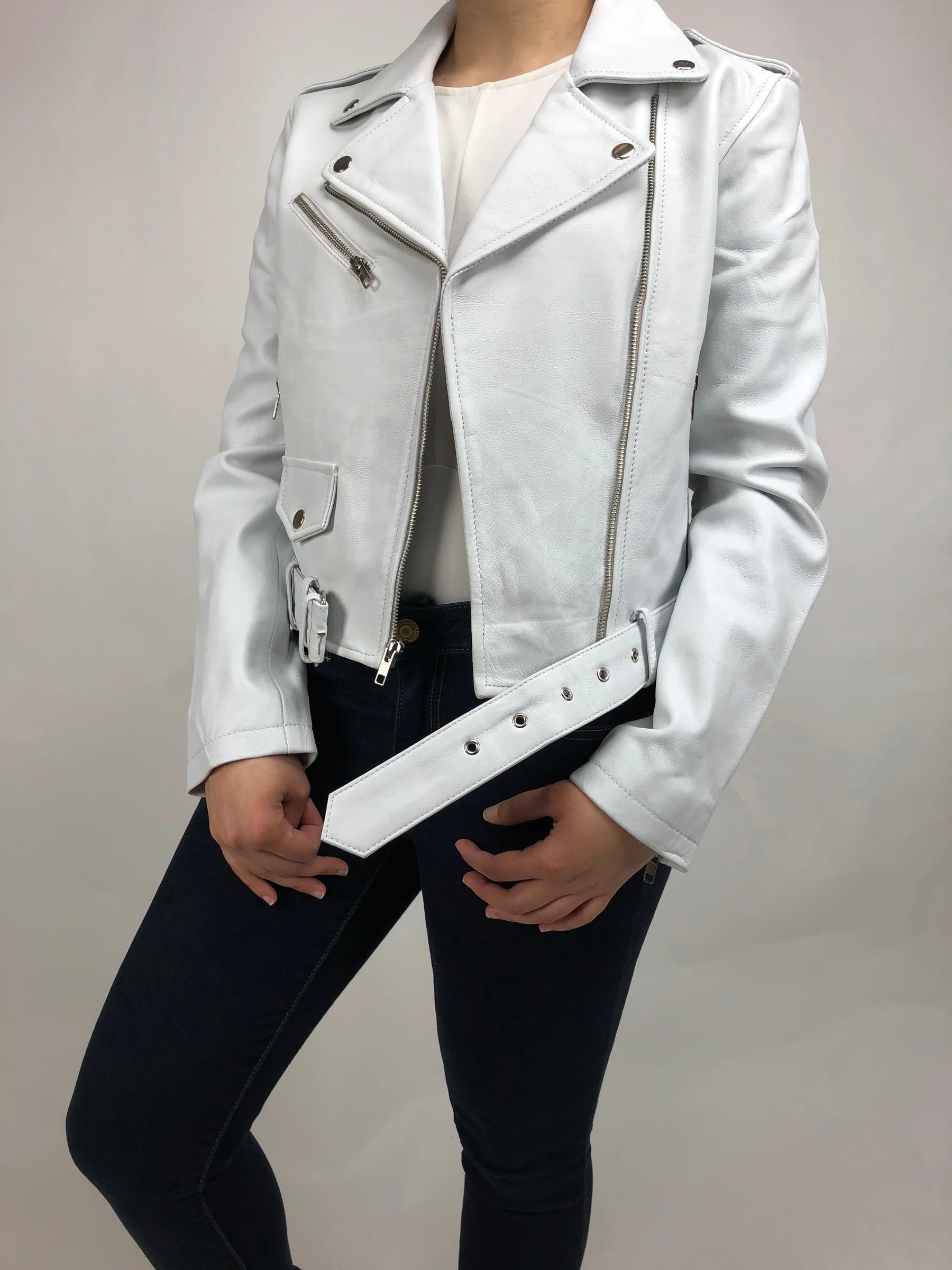 Women's Classic Biker Leather Jacket [White]