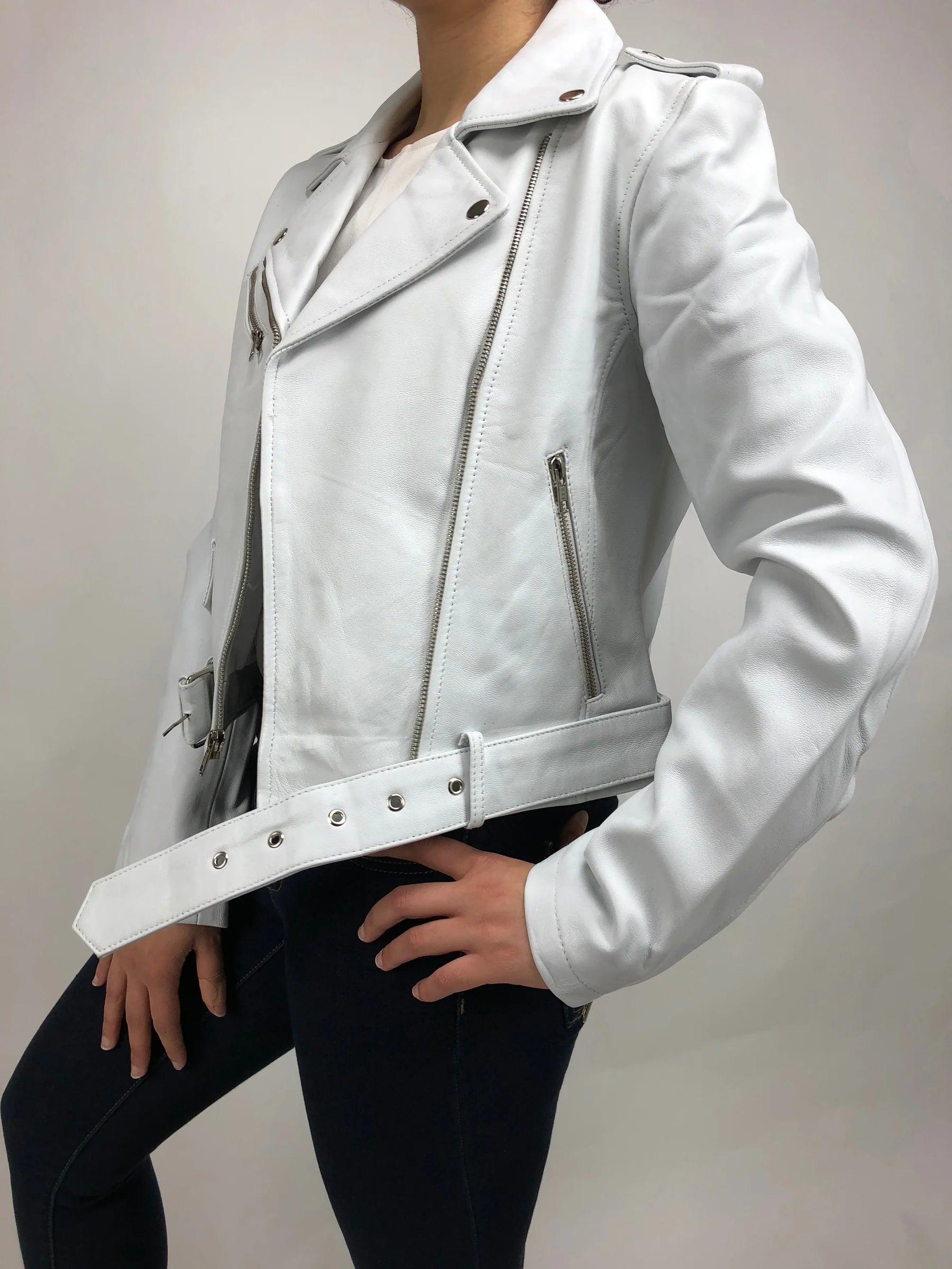 Women's Classic Biker Leather Jacket [White]