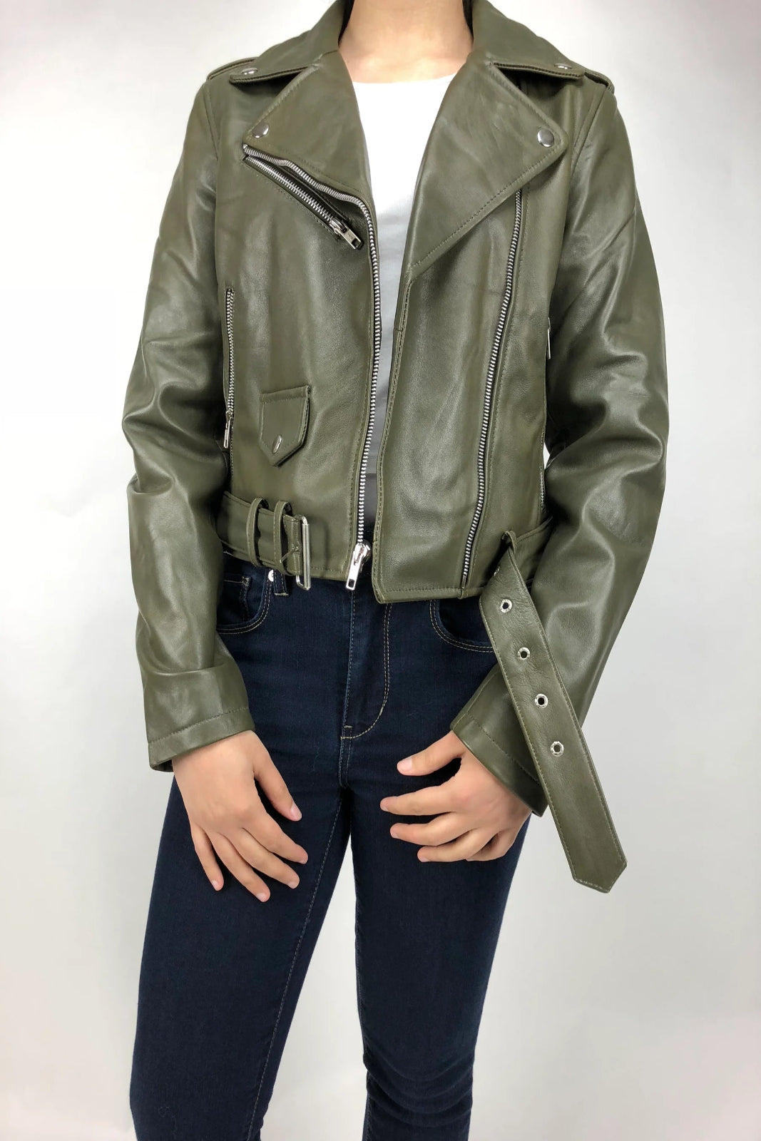 Women's Classic Biker Leather Jacket [Olive]
