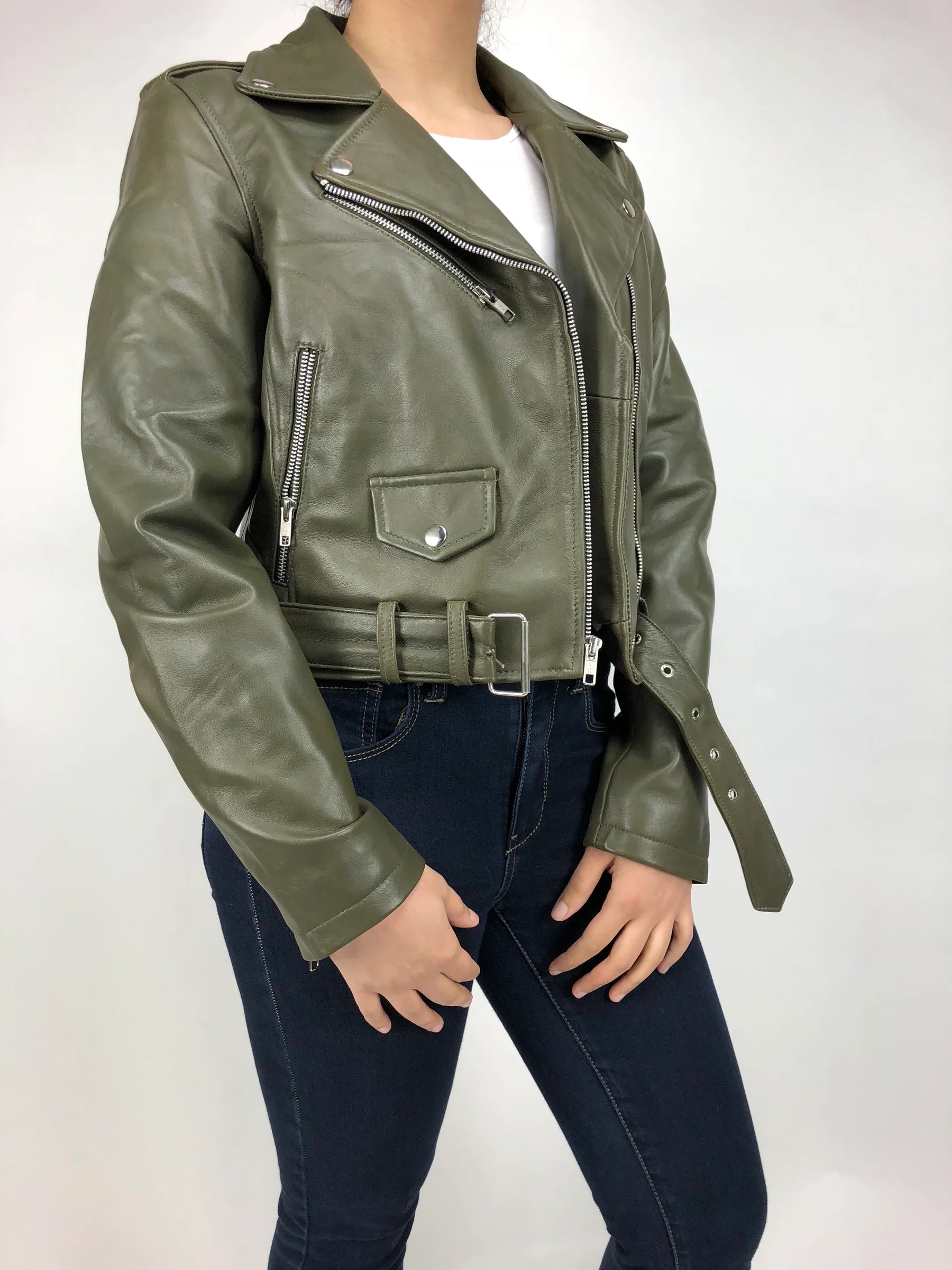 Women's Classic Biker Leather Jacket [Olive]