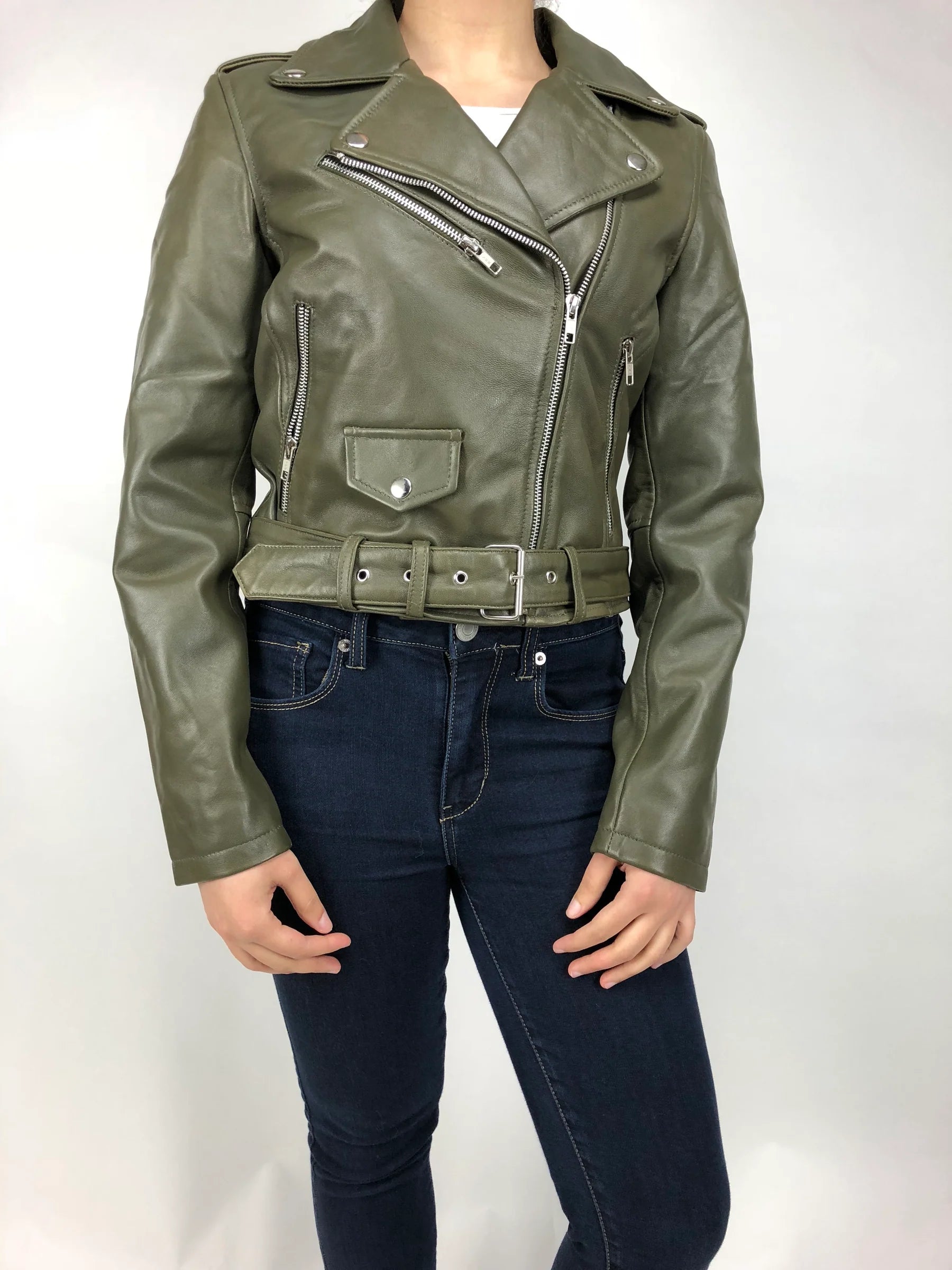 Women's Classic Biker Leather Jacket [Olive]