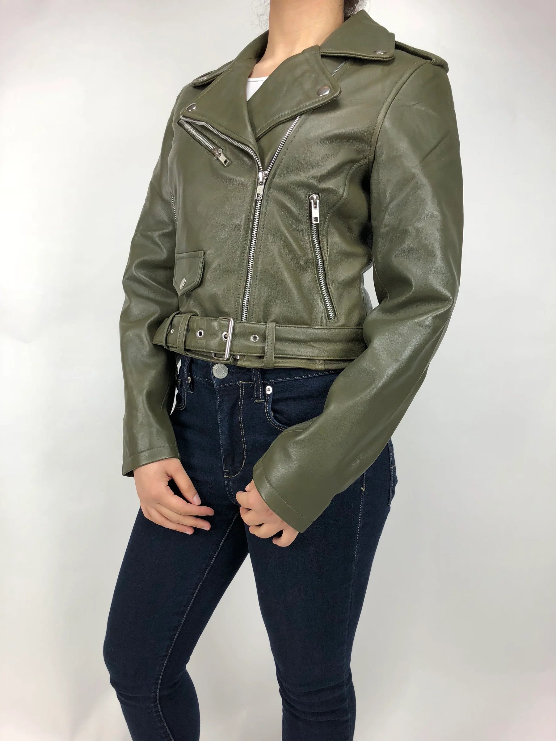 Women's Classic Biker Leather Jacket [Olive]