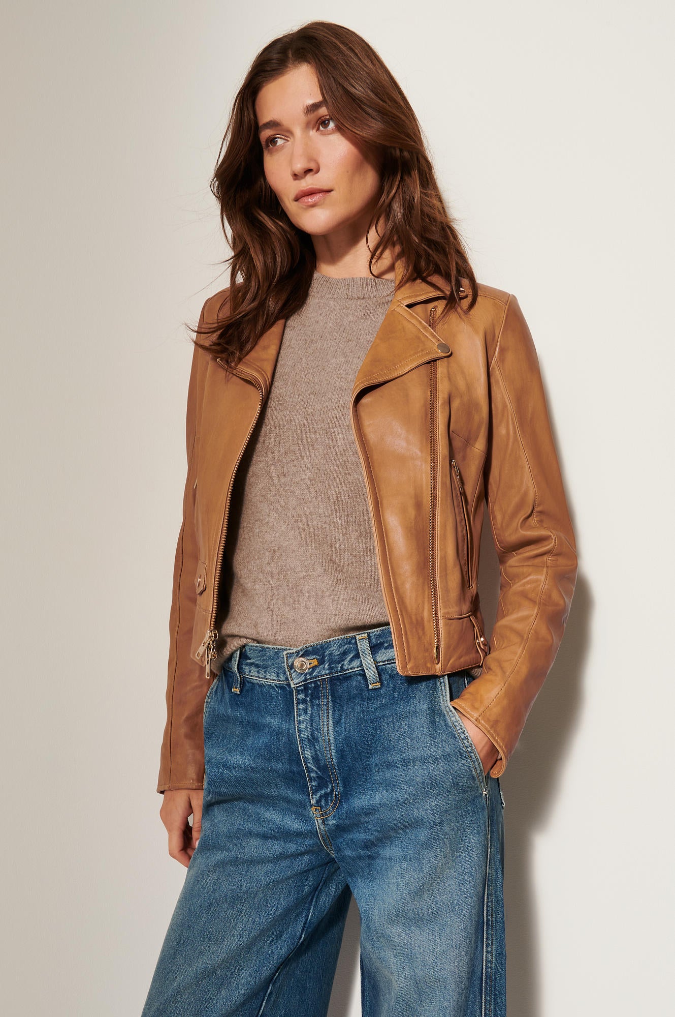 Women's Biker Style Leather Jacket [Light Brown]