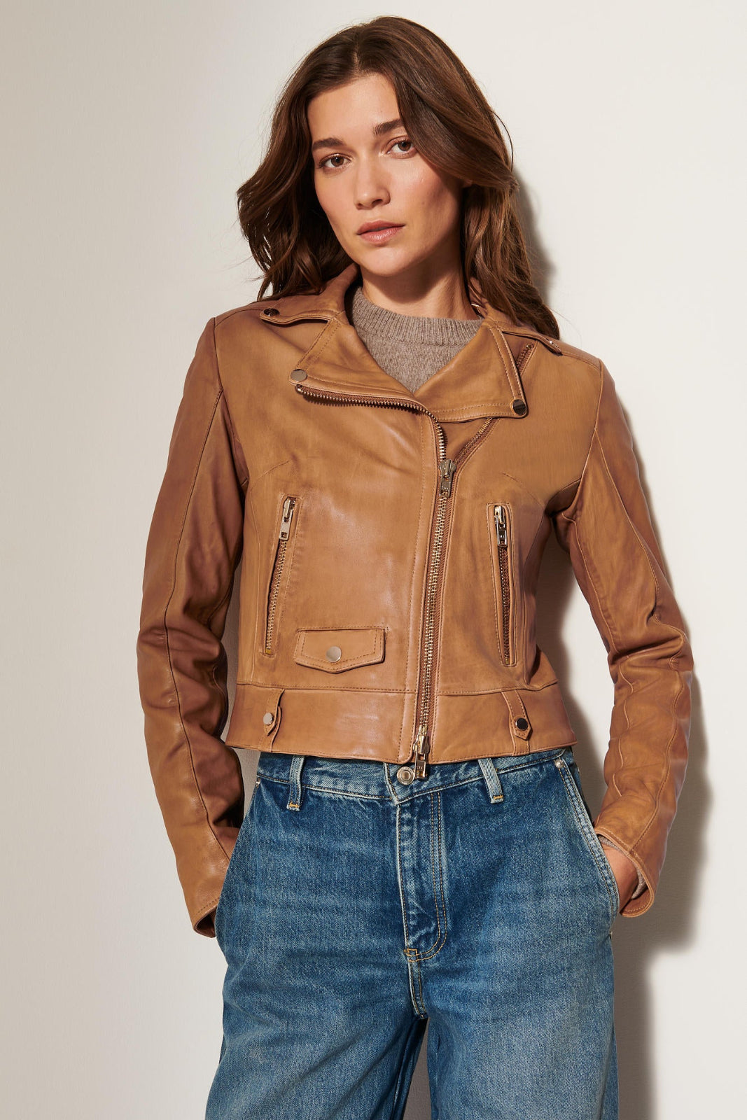 Women's Biker Style Leather Jacket [Light Brown]