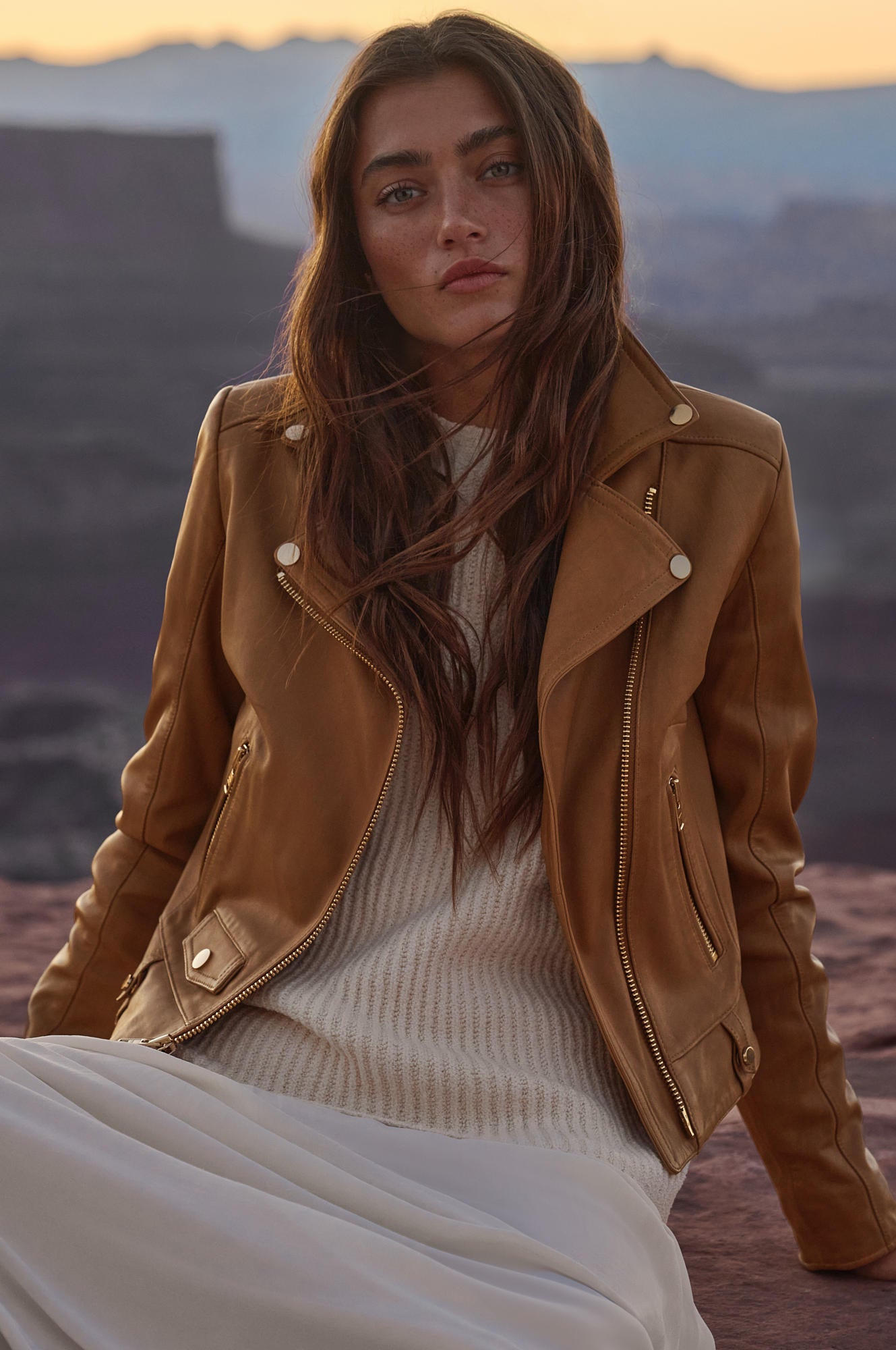 Women's Biker Style Leather Jacket [Light Brown]