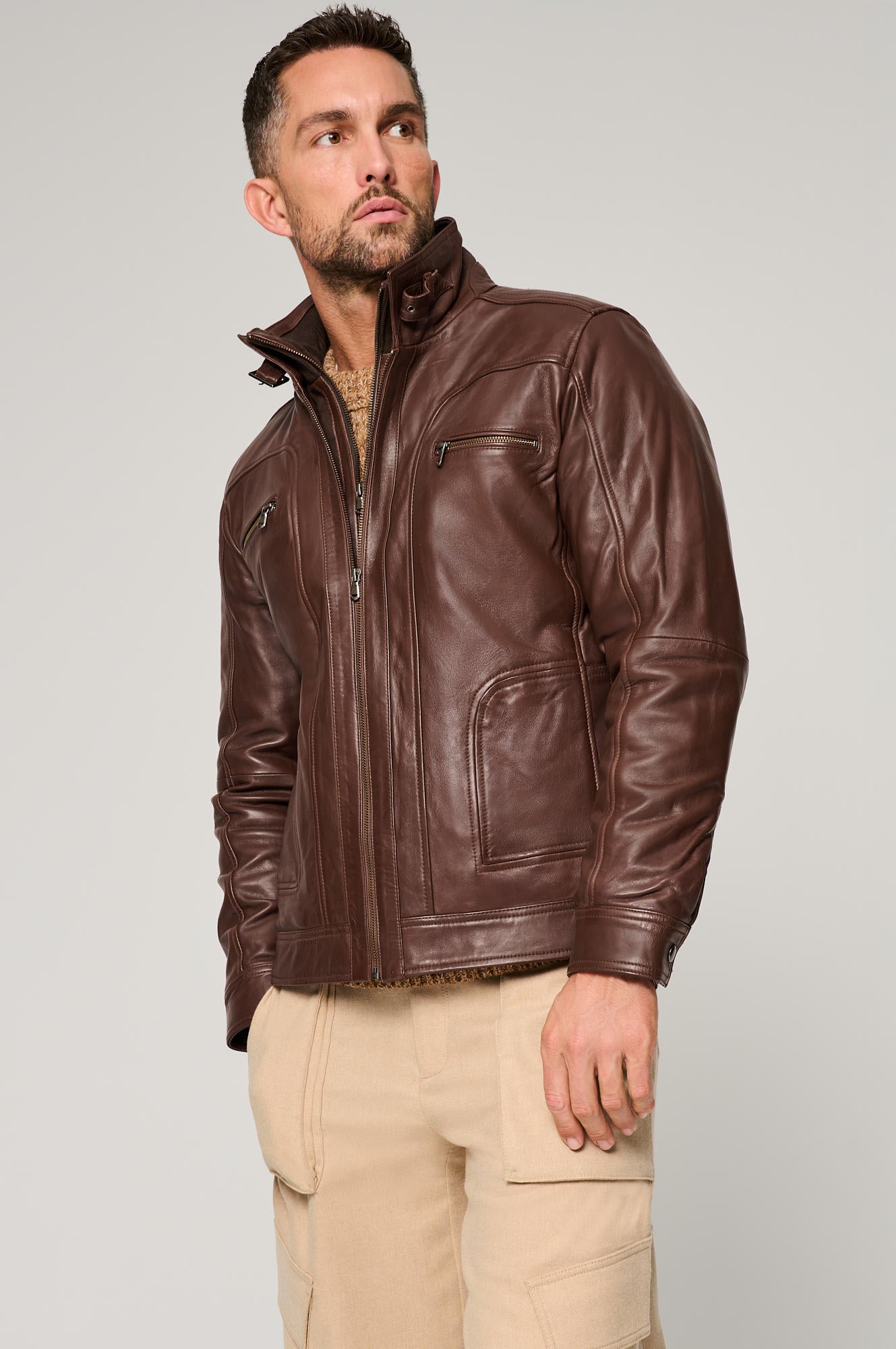 Men's Classic Biker Leather Jacket Double Zip [Brown]