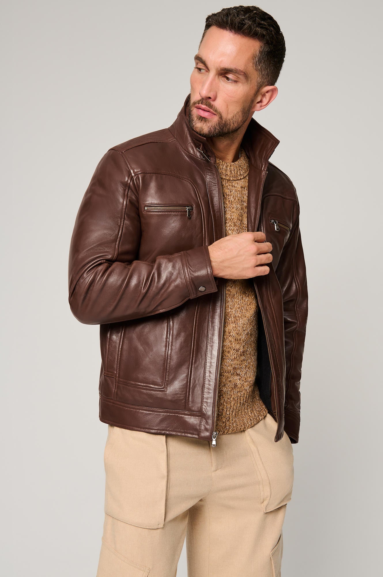 Men's Classic Biker Leather Jacket Double Zip [Brown]