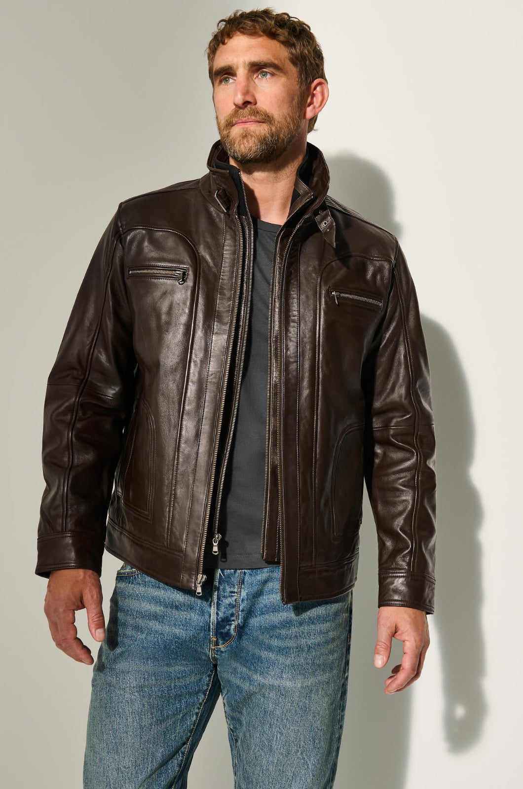 Men's Classic Biker Leather Jacket Double Zip [Dark Brown]
