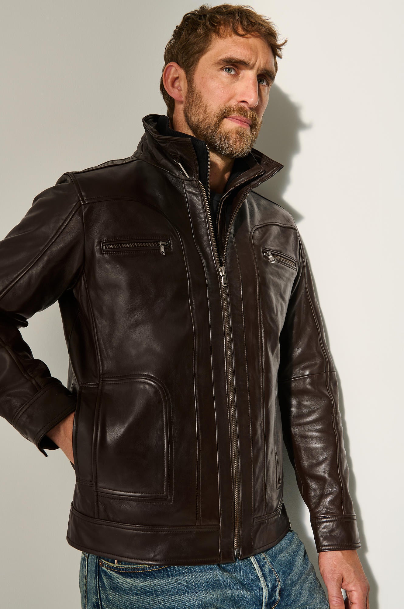 Men's Classic Biker Leather Jacket Double Zip [Dark Brown]