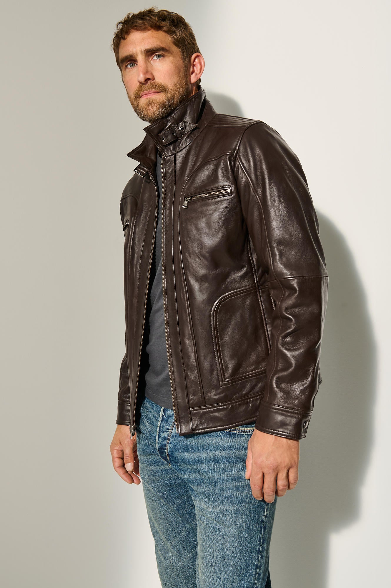 Men's Classic Biker Leather Jacket Double Zip [Dark Brown]
